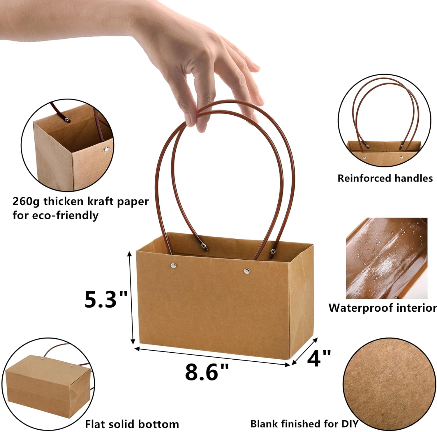 DEAYOU 10-Pack Brown Kraft Flower Gift Bags with Handles