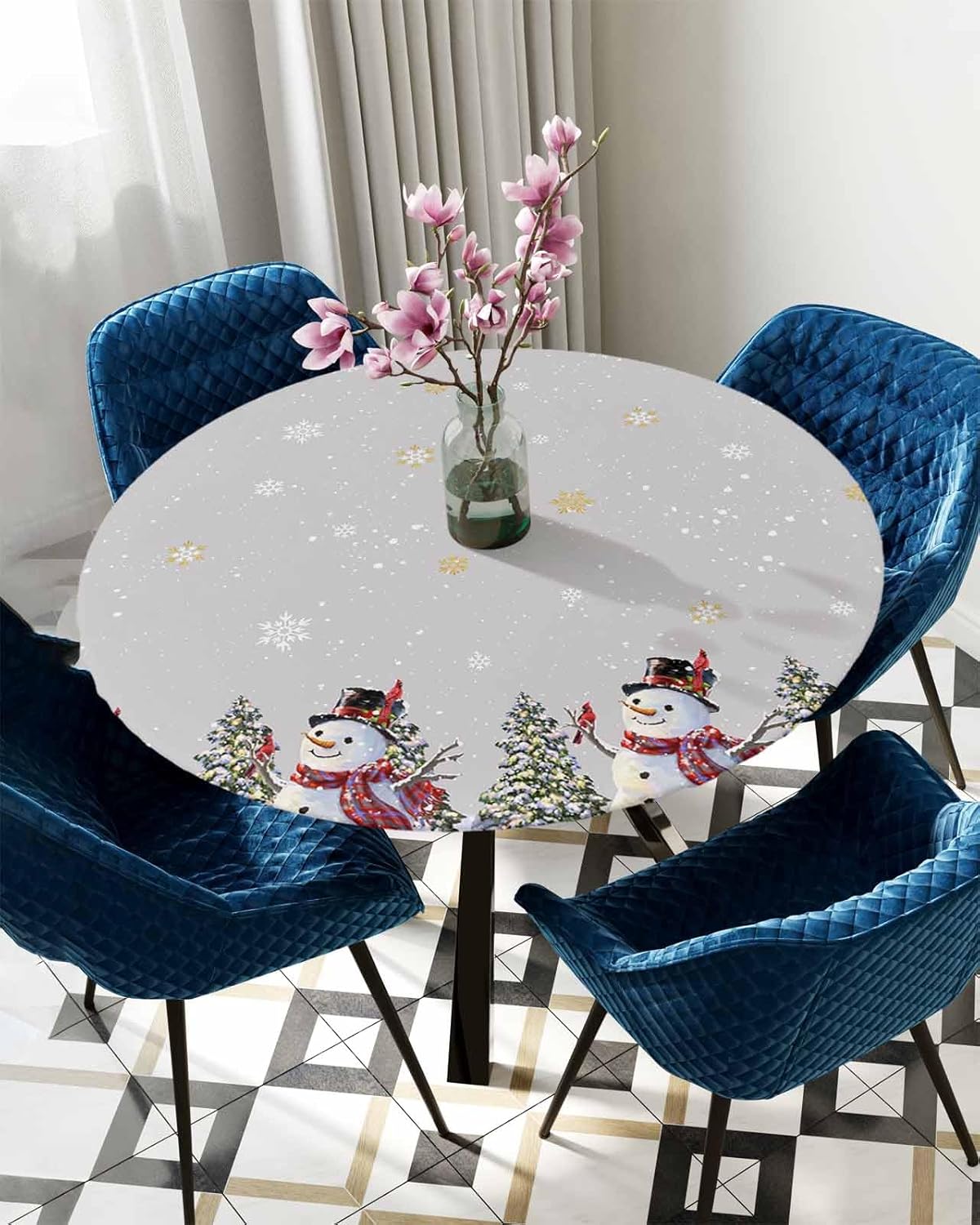 Grey Christmas Round Waterproof Table Cover Fitted Tablecloth