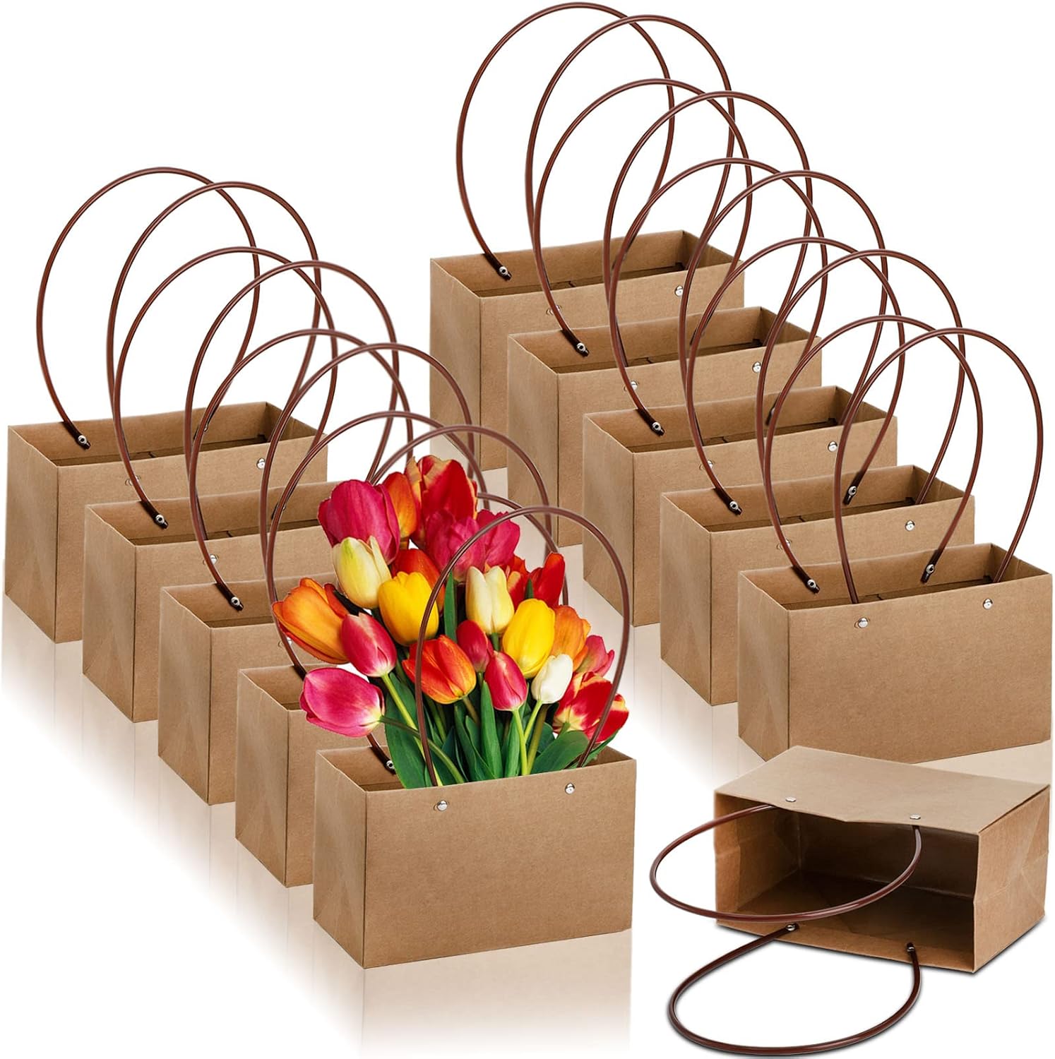 DEAYOU 10-Pack Brown Kraft Flower Gift Bags with Handles