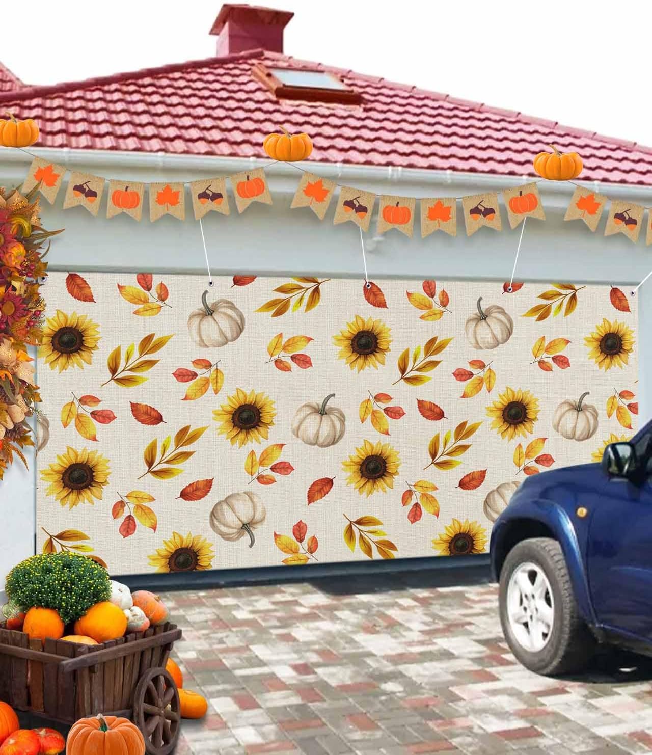 Fall Garage Door Banner 7x8ft Pumpkin Sunflower Leaf Decor