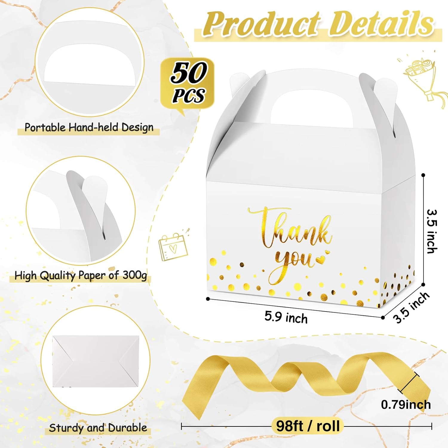 Engrowtic 50 Pcs Gold Foil Thank You Gift Boxes with Handles