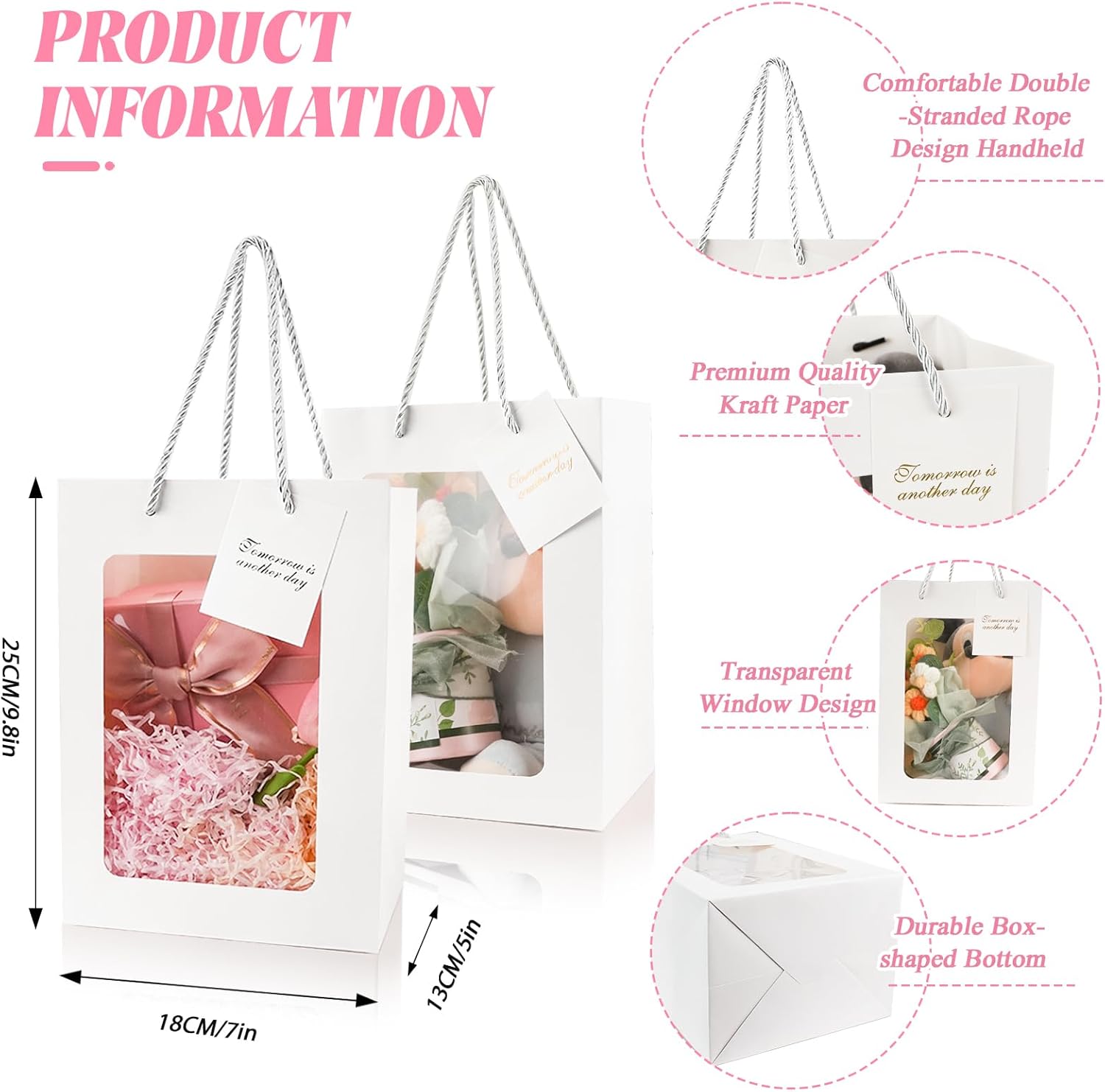 30 PCS White Gift Bags with Clear Window and Handles