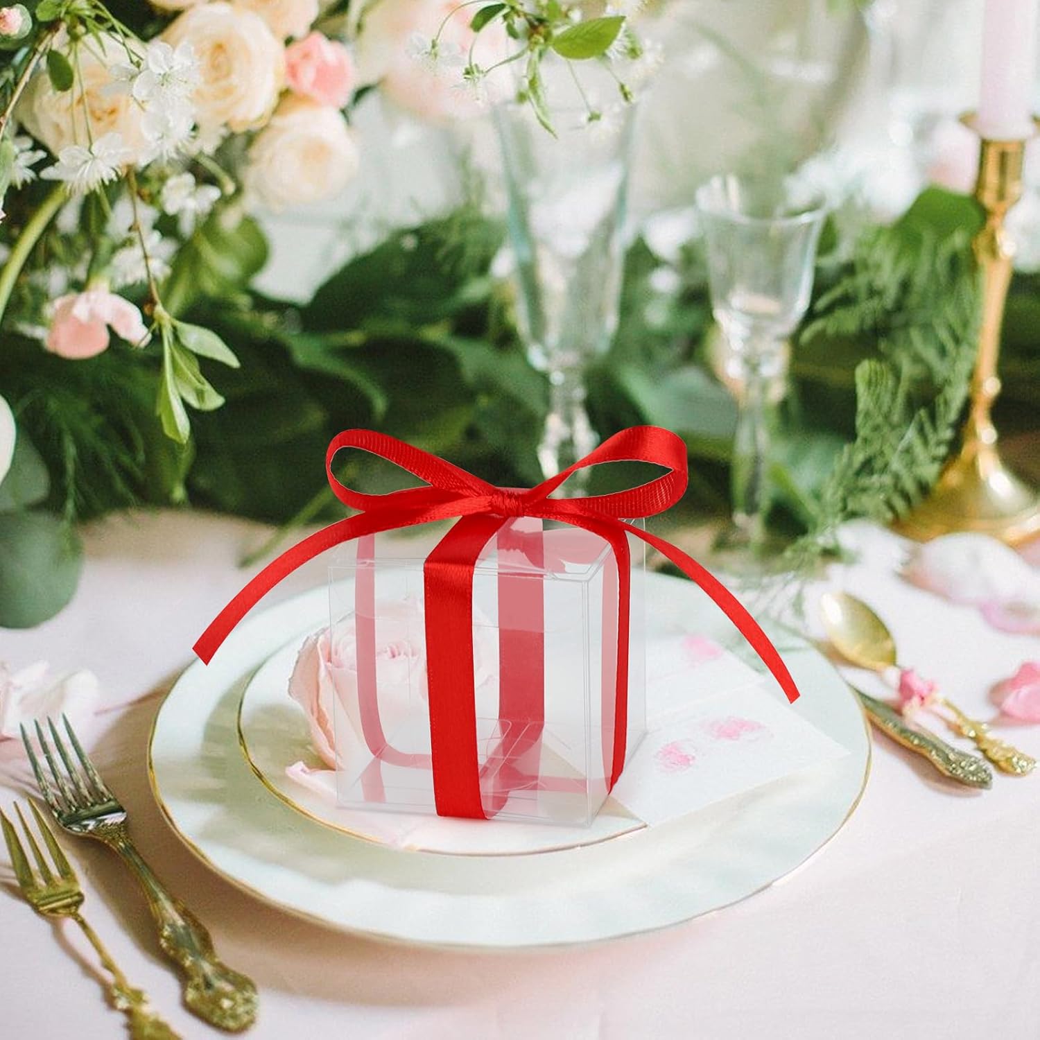 Adecortalk 50 Pcs Clear Gift Boxes With Red Ribbon