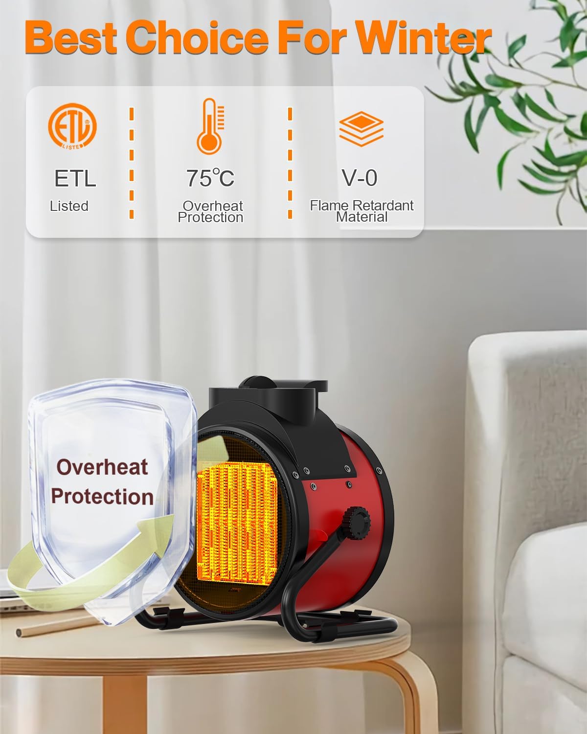 1500W Portable Electric Patio Heater with 3 Modes and Overheat Protection