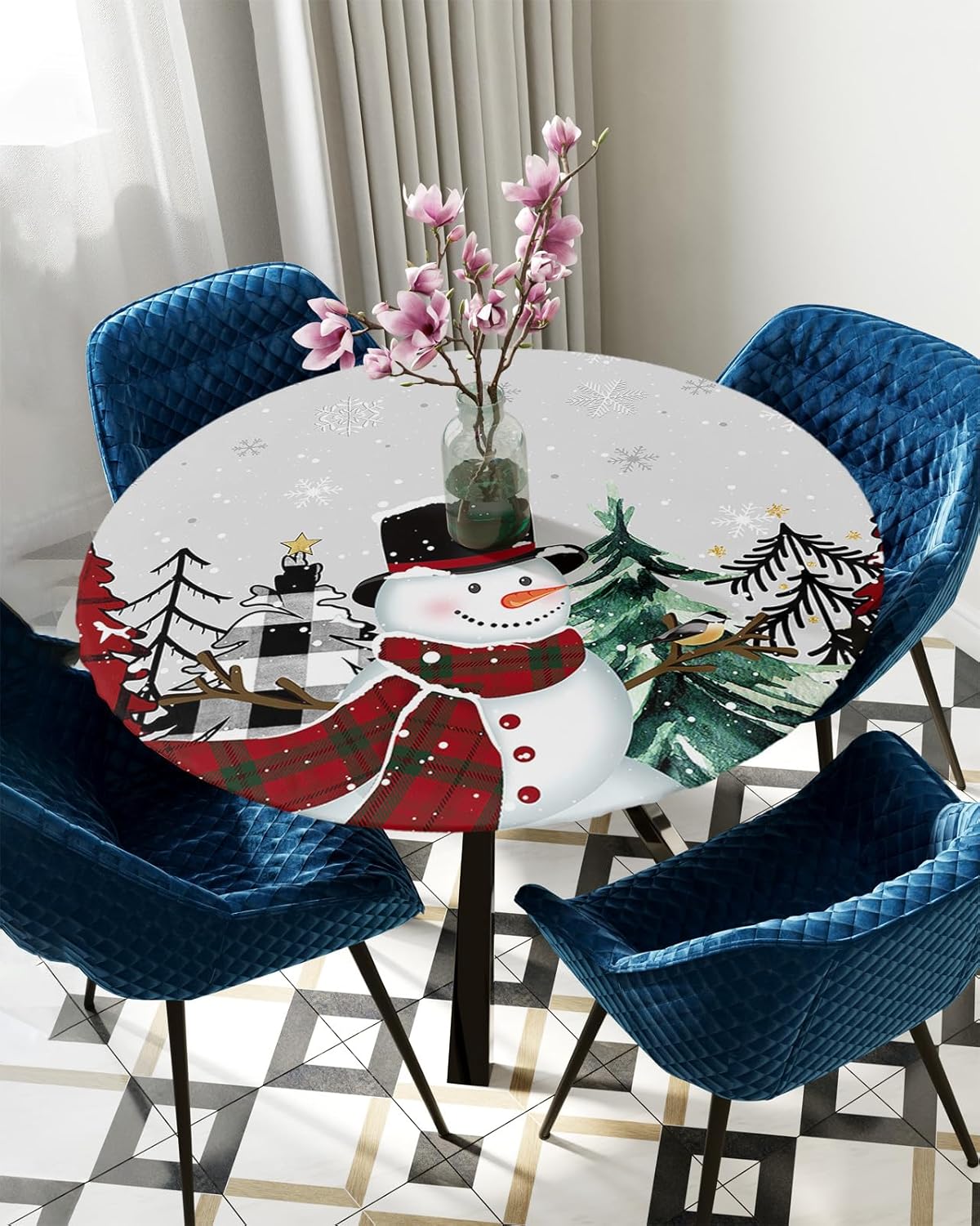 Christmas Snowman Round Waterproof Table Cover Fitted Tablecloth
