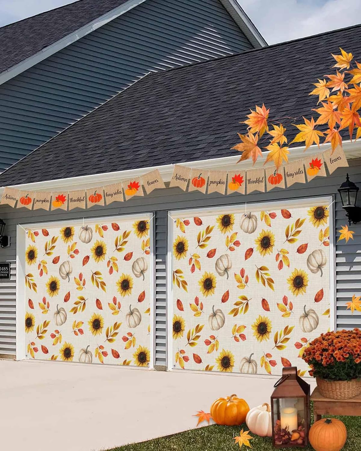 Fall Garage Door Banner 7x8ft Pumpkin Sunflower Leaf Decor