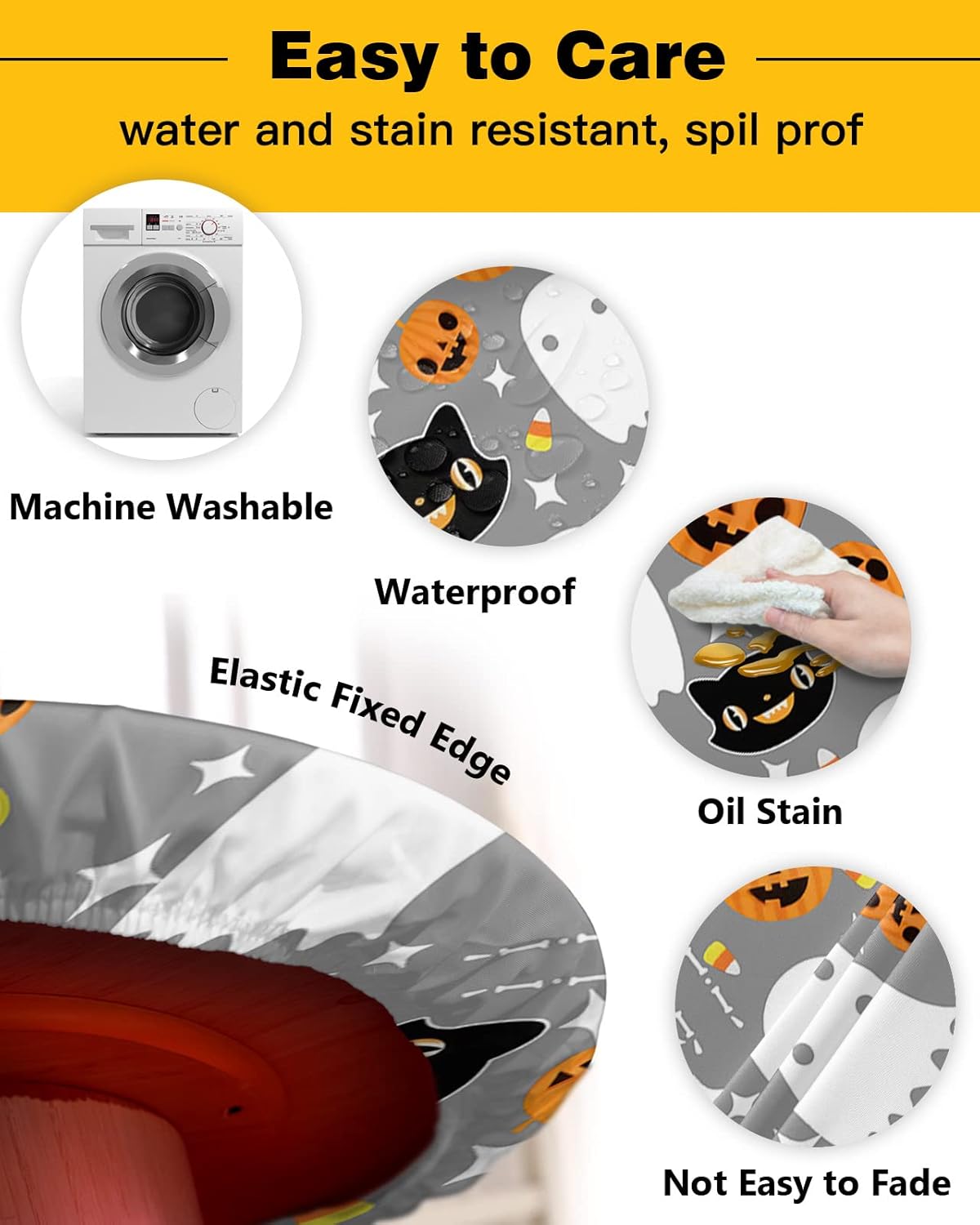 Halloween Grey Round Waterproof Table Cover Fitted Tablecloth