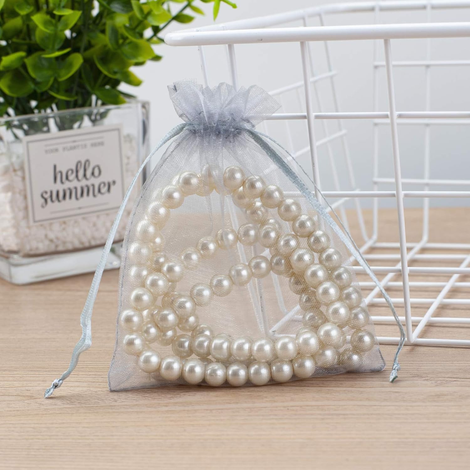 100 Pcs Grey Organza Gift Bags 4x5 Inch Drawstring