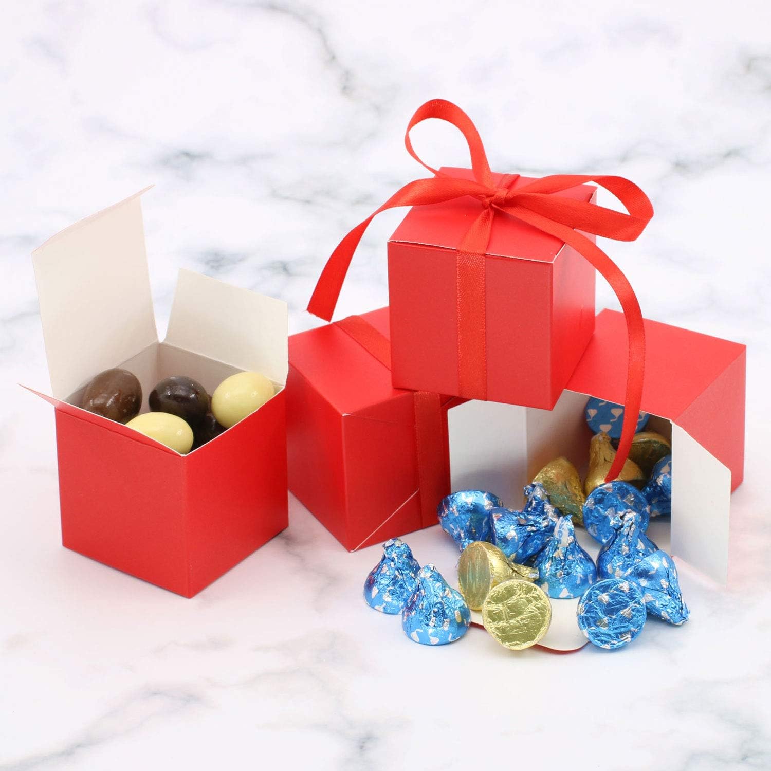 KPOSIYA 100 Pack Red Cube Gift Boxes with Ribbons