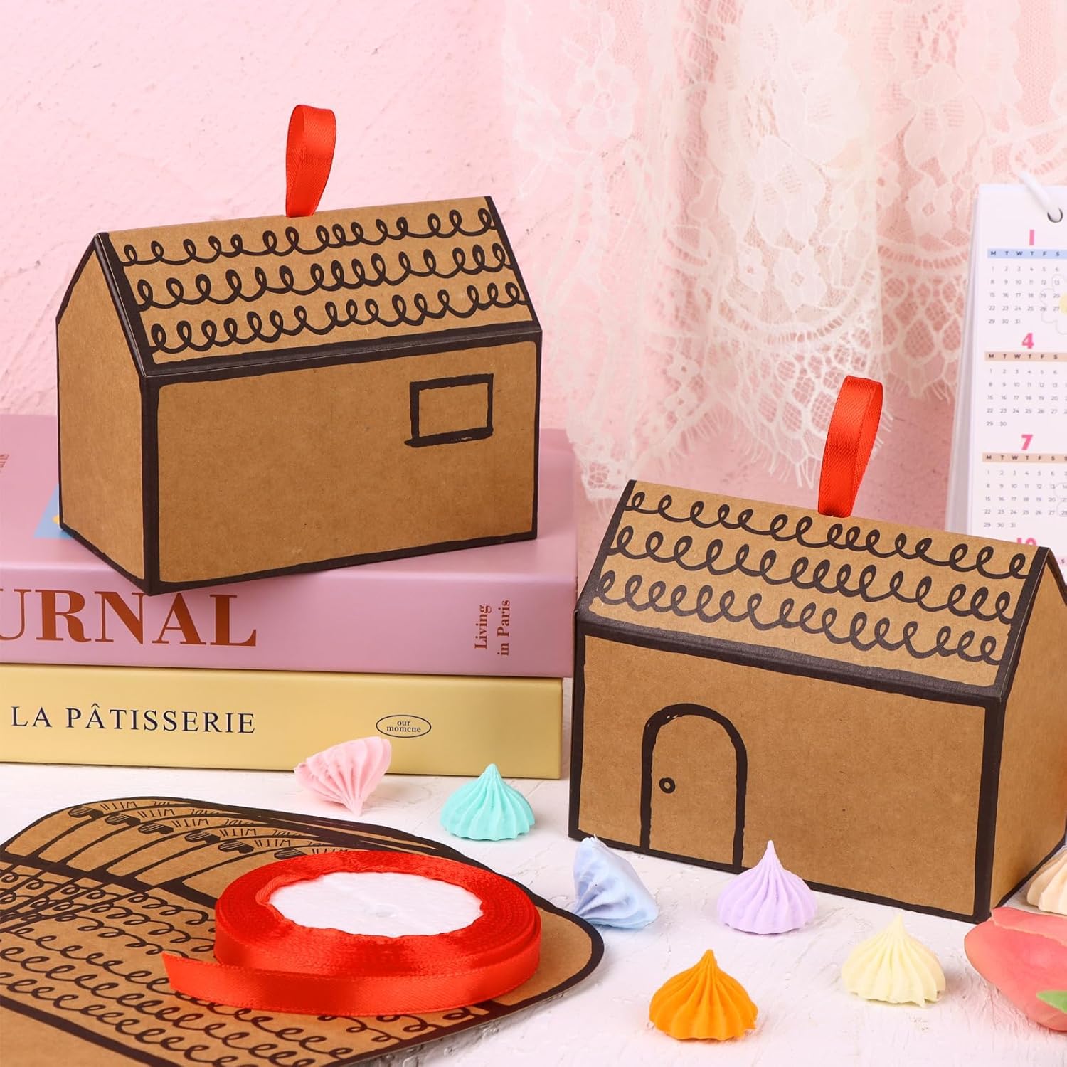 20 Pcs House Shaped Gift Boxes with Red Ribbons