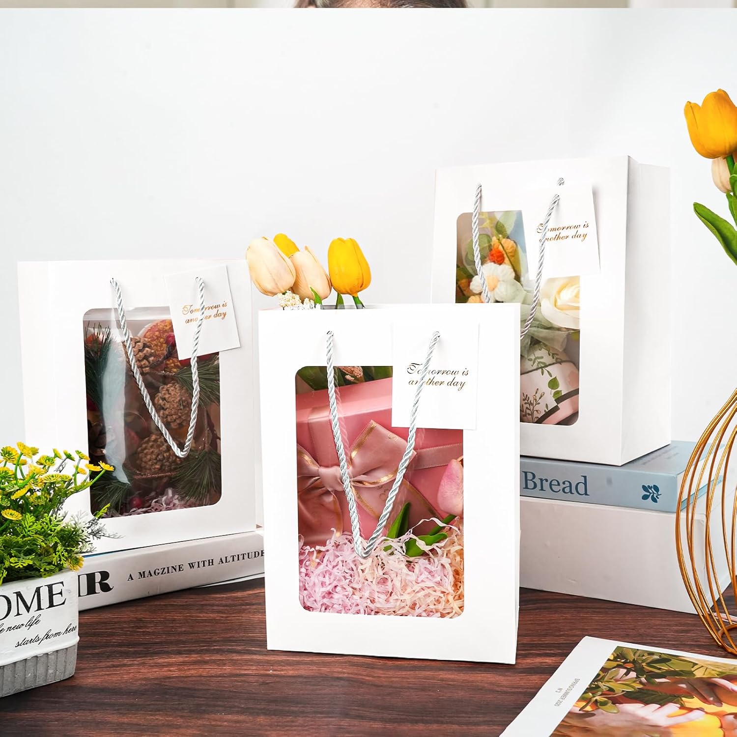 30 PCS White Gift Bags with Clear Window and Handles