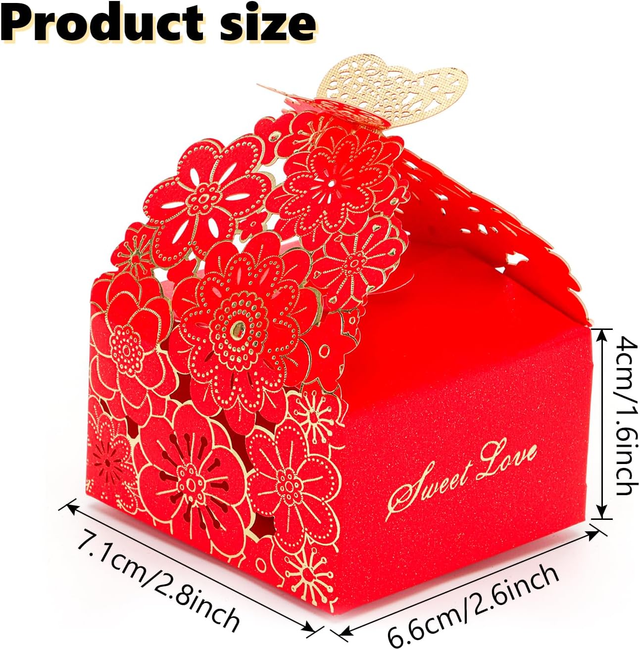 KAZIPA 50pcs Laser Cut Butterfly Favor Boxes Gold Stamping Red