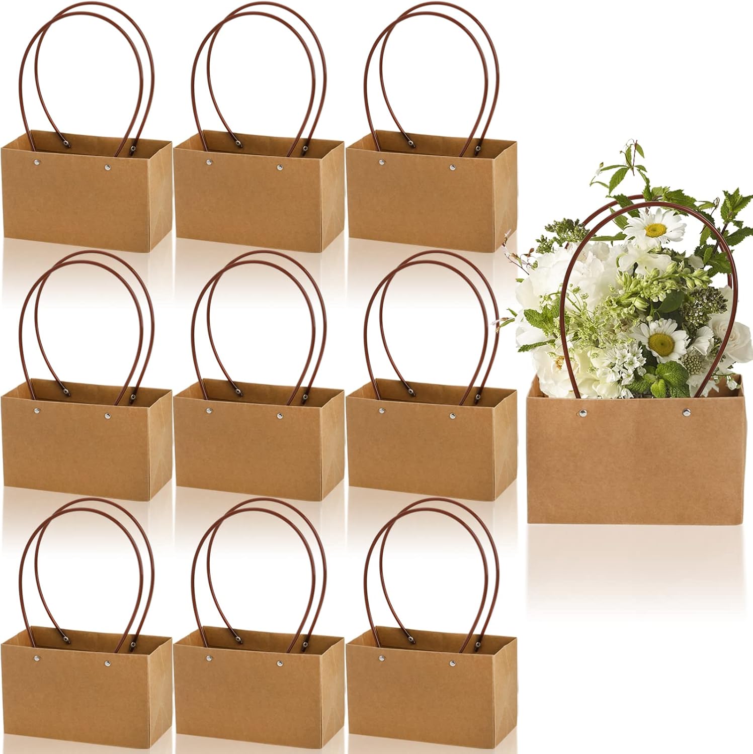 DEAYOU 10-Pack Brown Kraft Flower Gift Bags with Handles