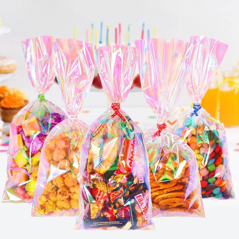 JOINDO 100PCS Iridescent Treat Bags with Twist Ties