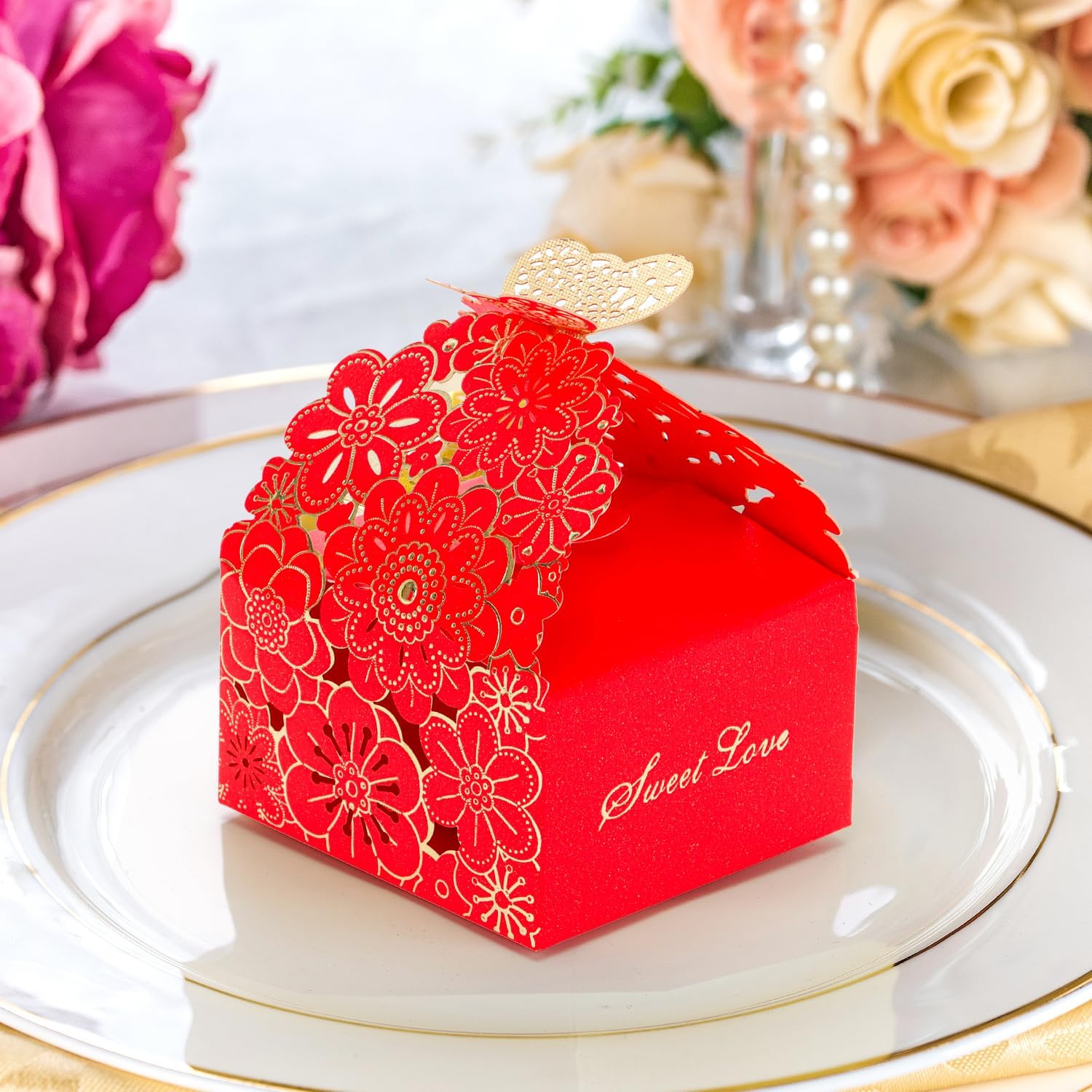 KAZIPA 50pcs Laser Cut Butterfly Favor Boxes Gold Stamping Red