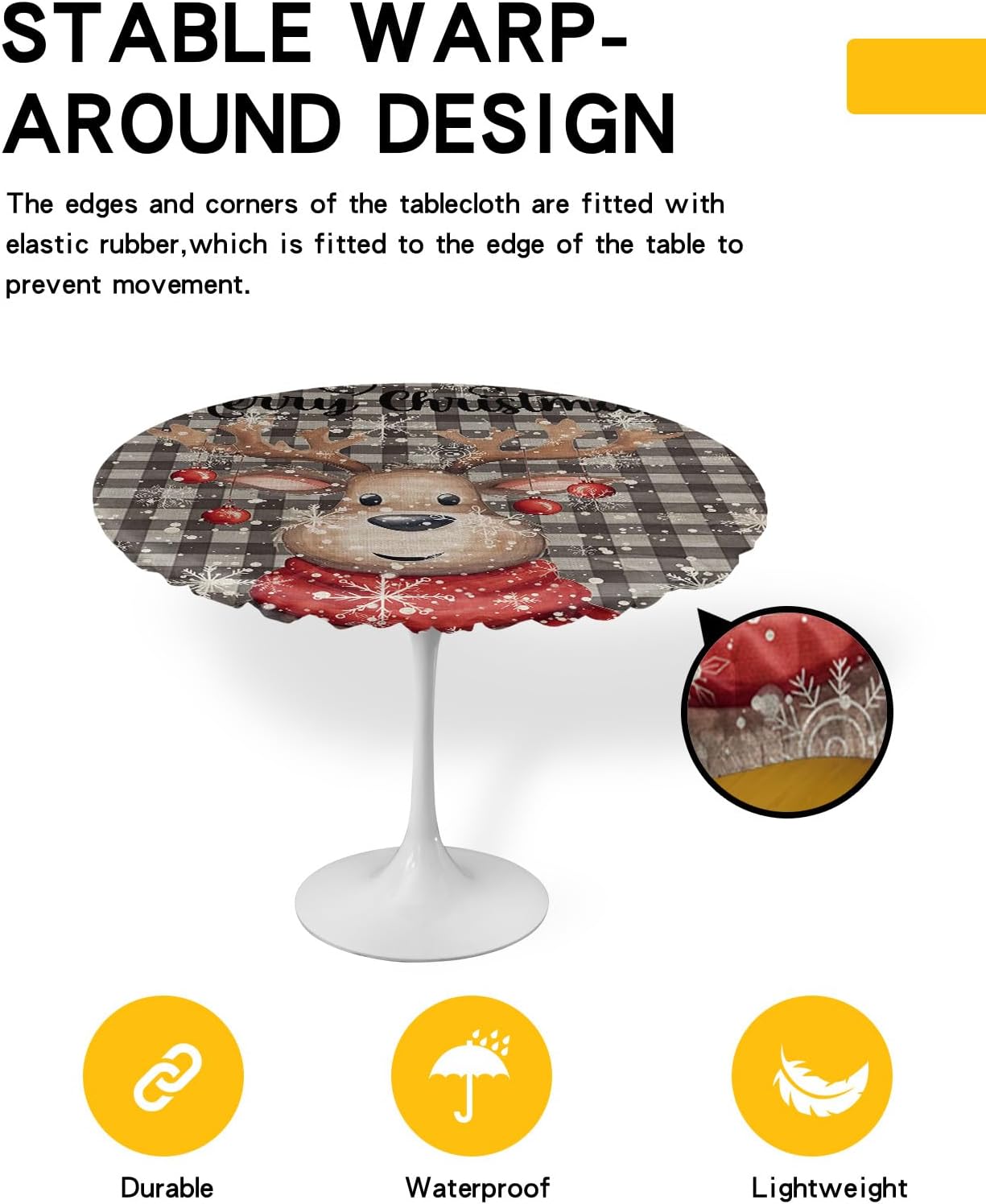 Christmas Elk Round Waterproof Table Cover Fitted Tablecloth