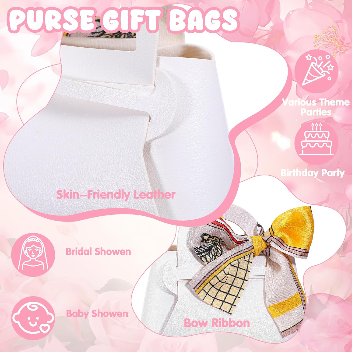 HOFURME 24 Pack White Leather Candy Gift Bags with Handle and Ribbon