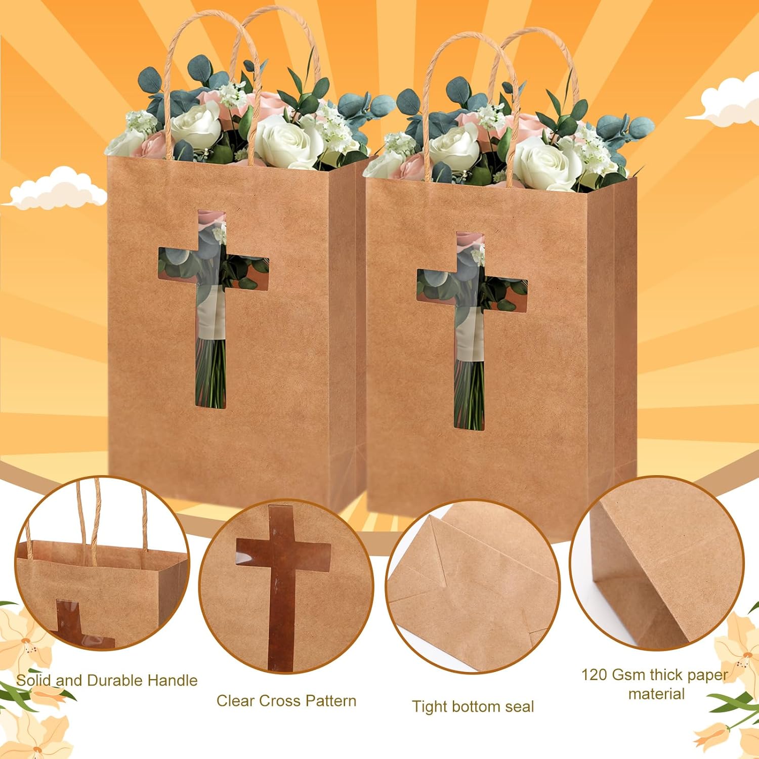 Eersida 48PCS Kraft Gift Bags with Cross Window