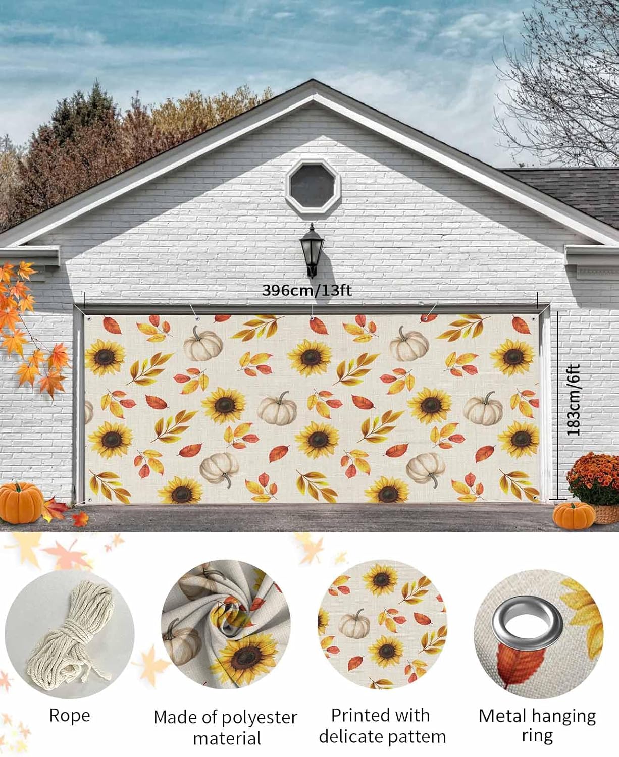 Fall Garage Door Banner 7x8ft Pumpkin Sunflower Leaf Decor