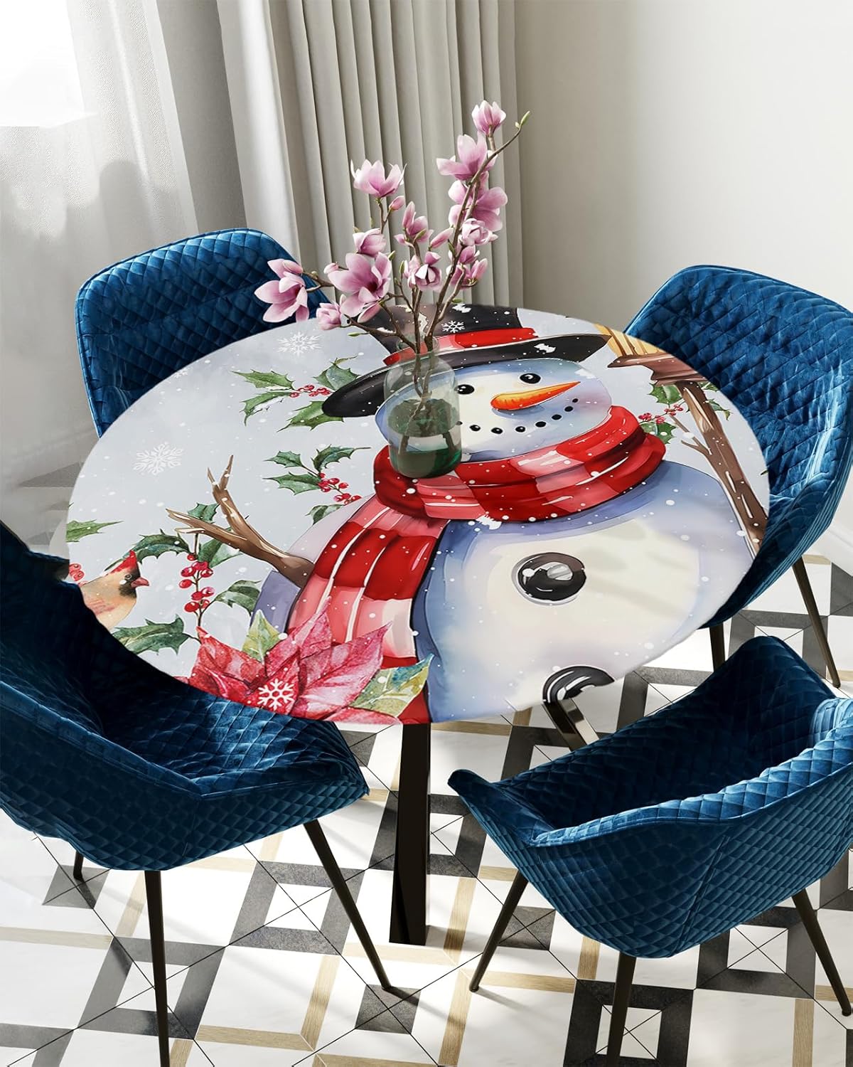 Christmas Snowman Round Waterproof Table Cover for Indoor Outdoor Use