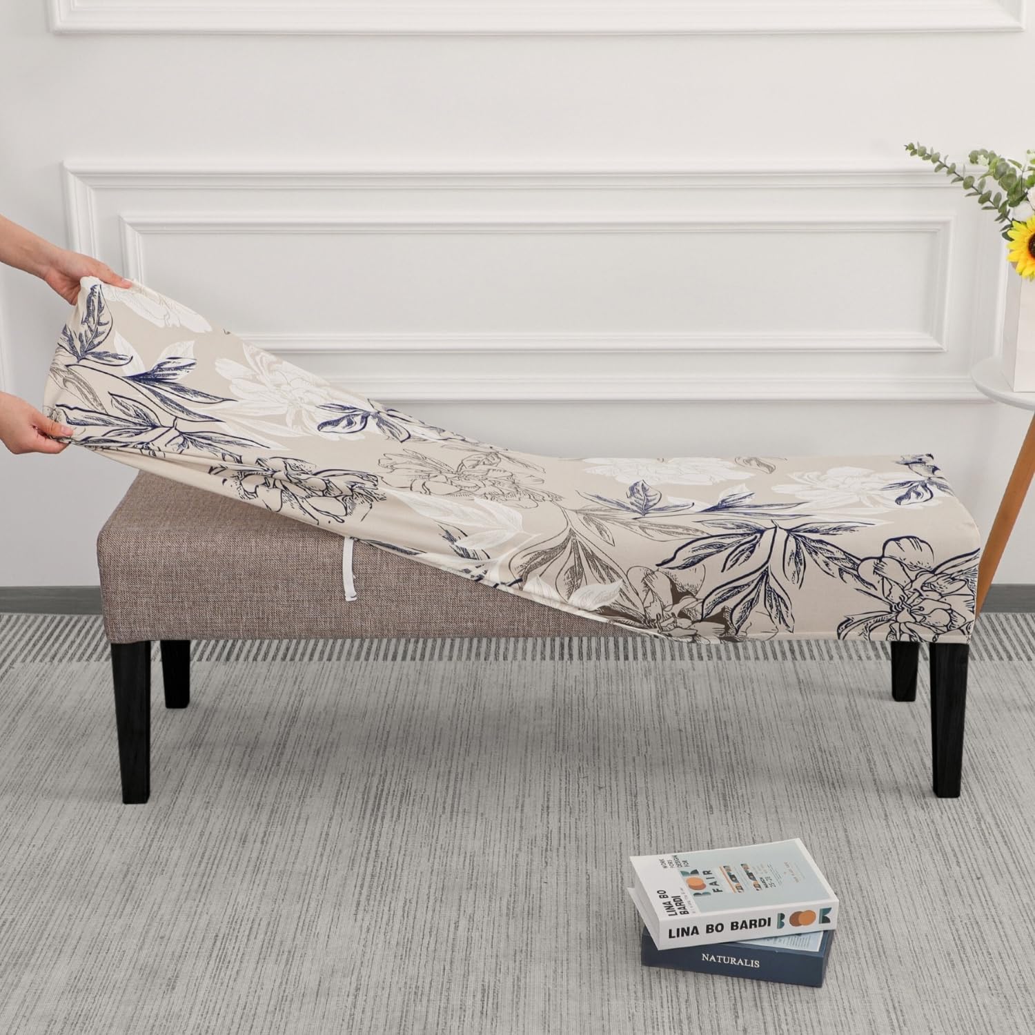 SPRINGRICO Stretch Dining Bench Cover - Floral Beige