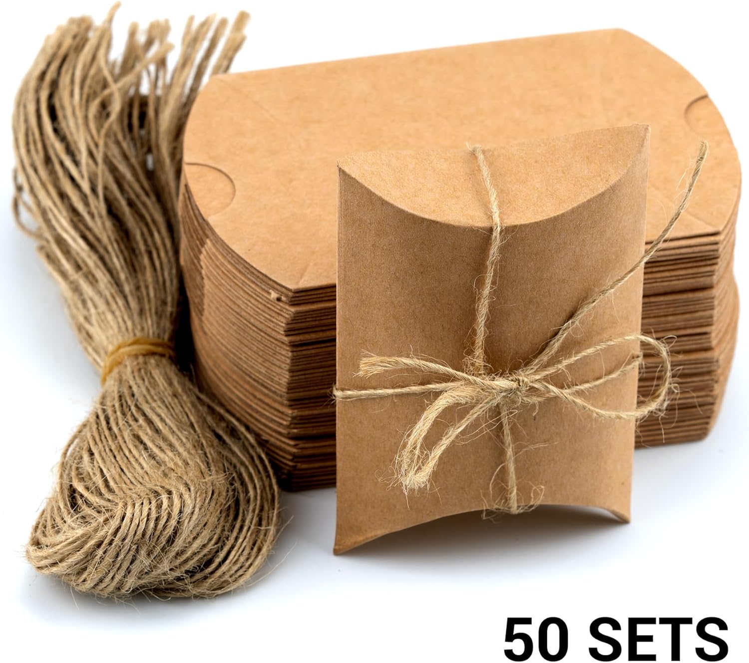 IFAMIO 50 Pcs Kraft Paper Pillow Gift Boxes with Jute Rope