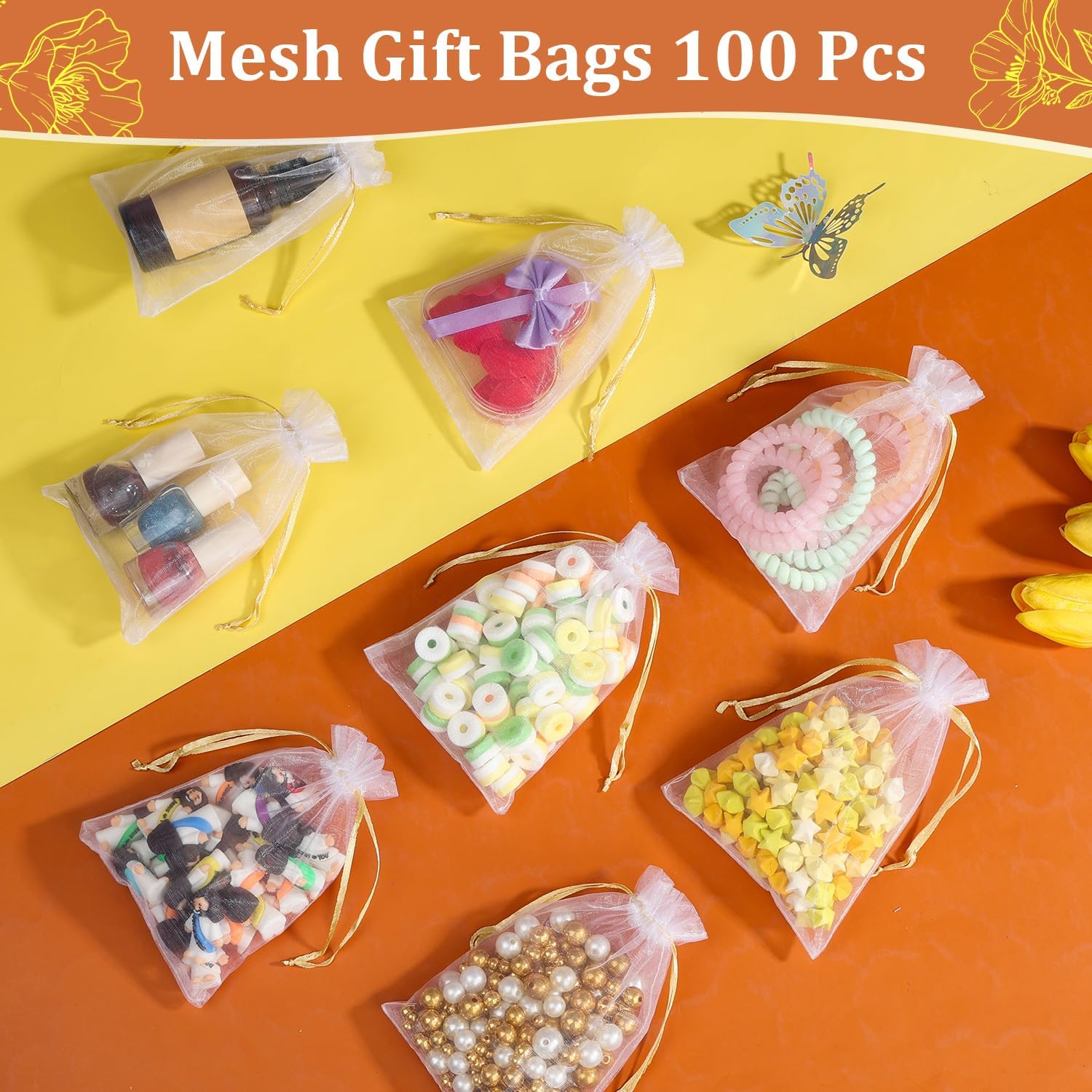 100PCS White Organza Gift Bags with Gold Drawstring