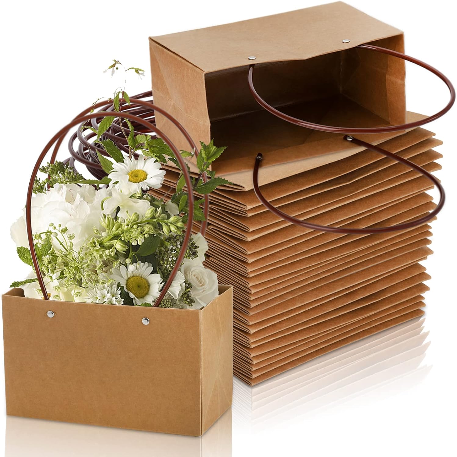 DEAYOU 10-Pack Brown Kraft Flower Gift Bags with Handles
