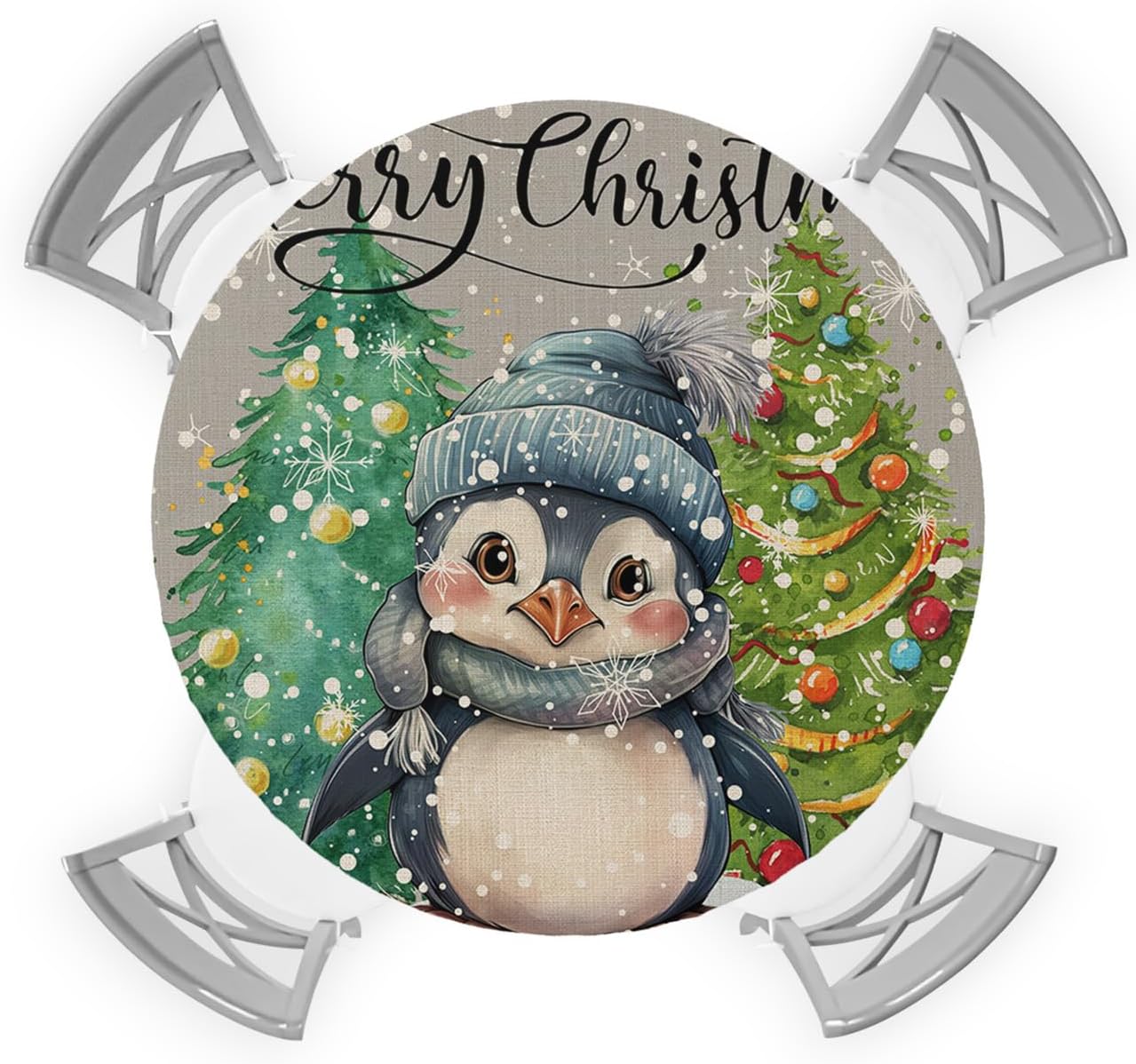 Christmas Penguin Round Waterproof Table Cover Fitted Tablecloth