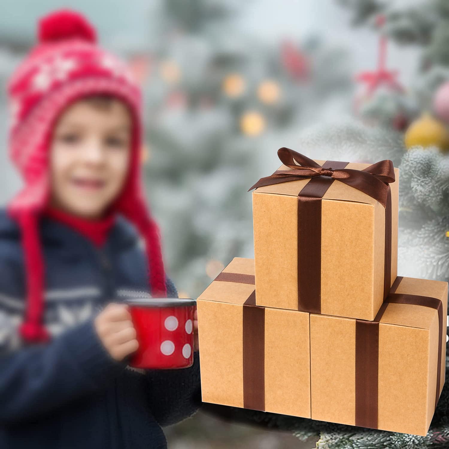 COTOPHER 25 Pack Brown Cube Gift Boxes with Lids and Ribbons