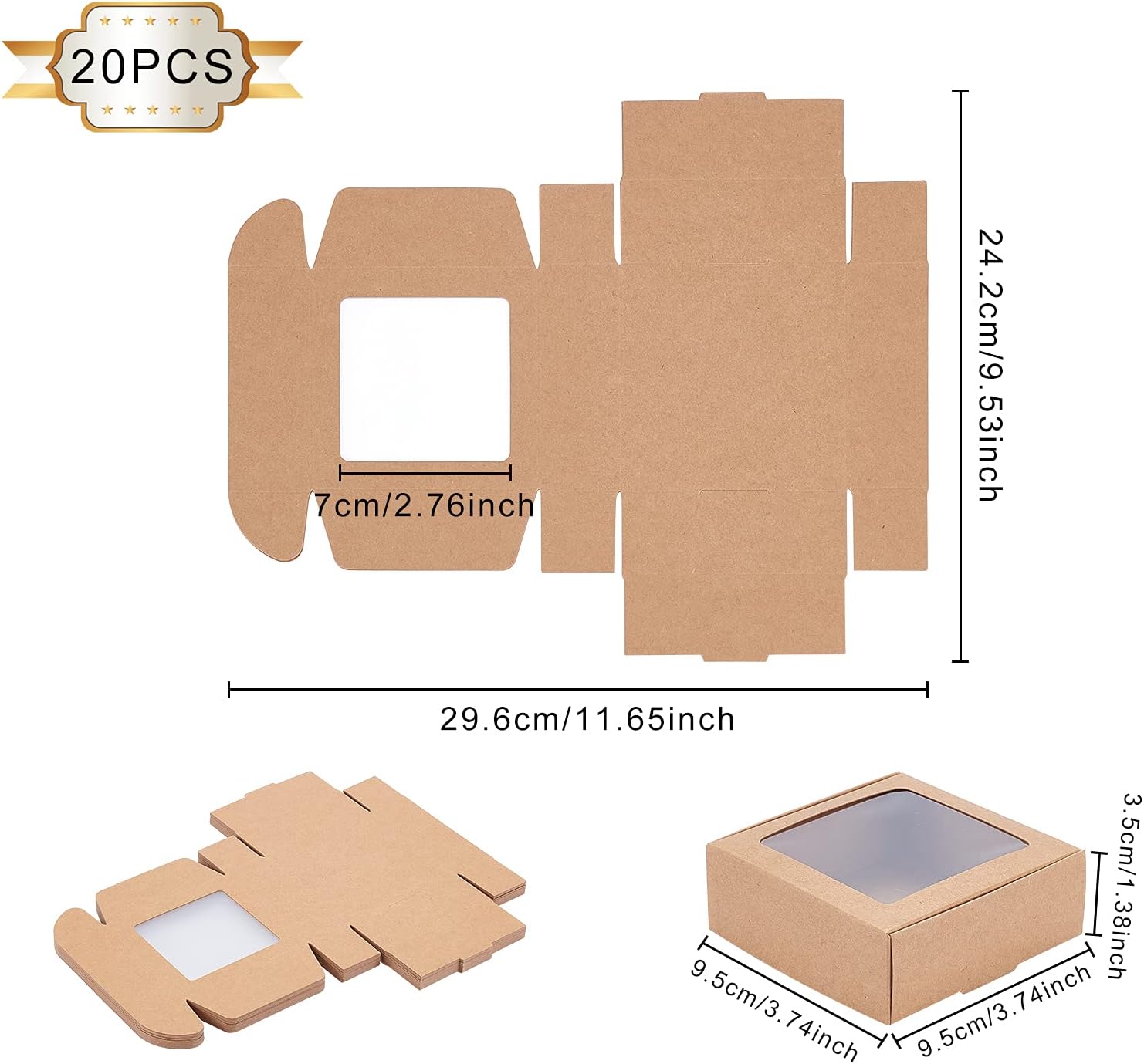 BENECREAT 20 Pack Square Brown Kraft Gift Boxes with Clear Windows