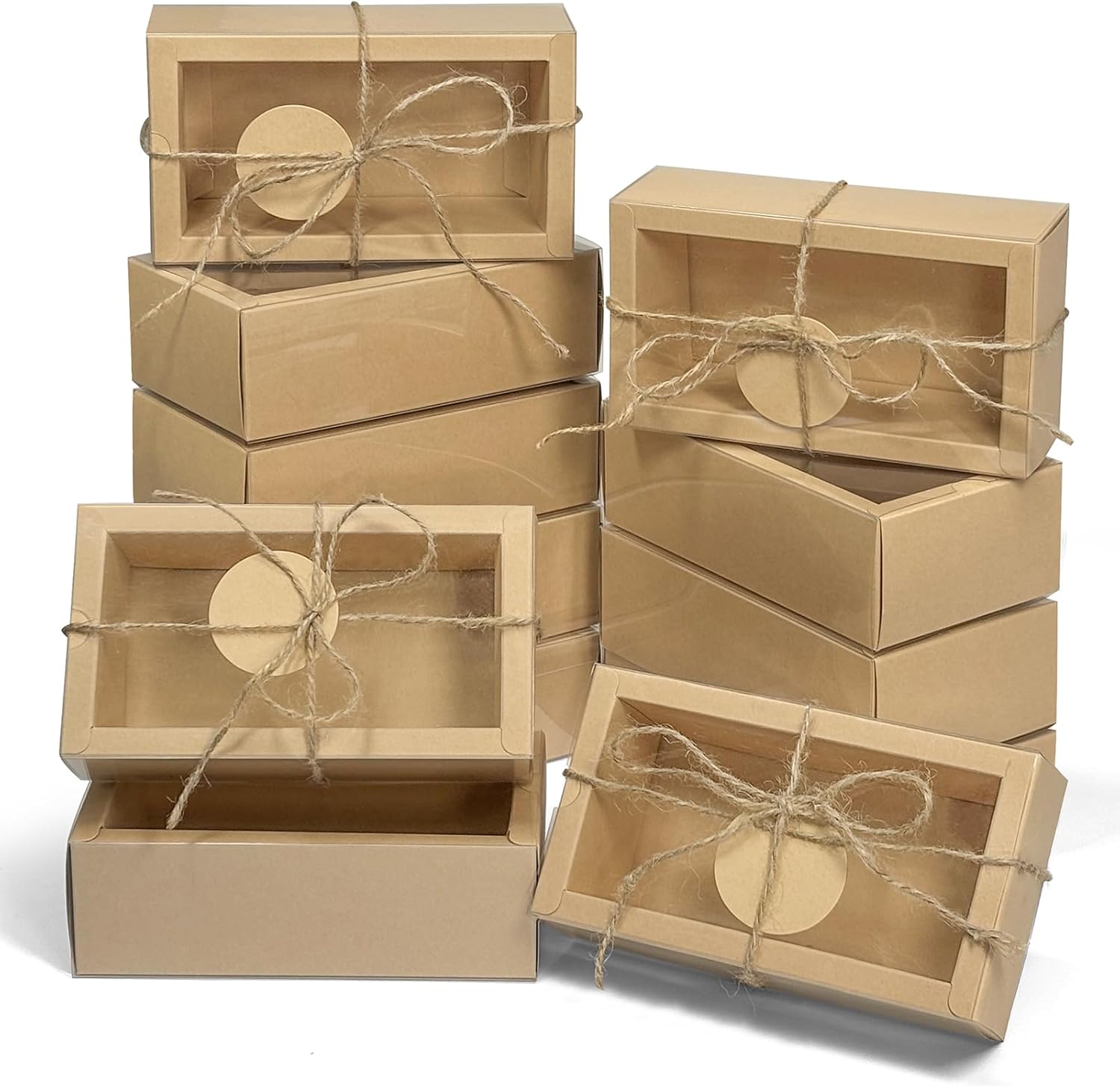 30 Sets Kraft Gift Boxes with Clear Window and Jute String
