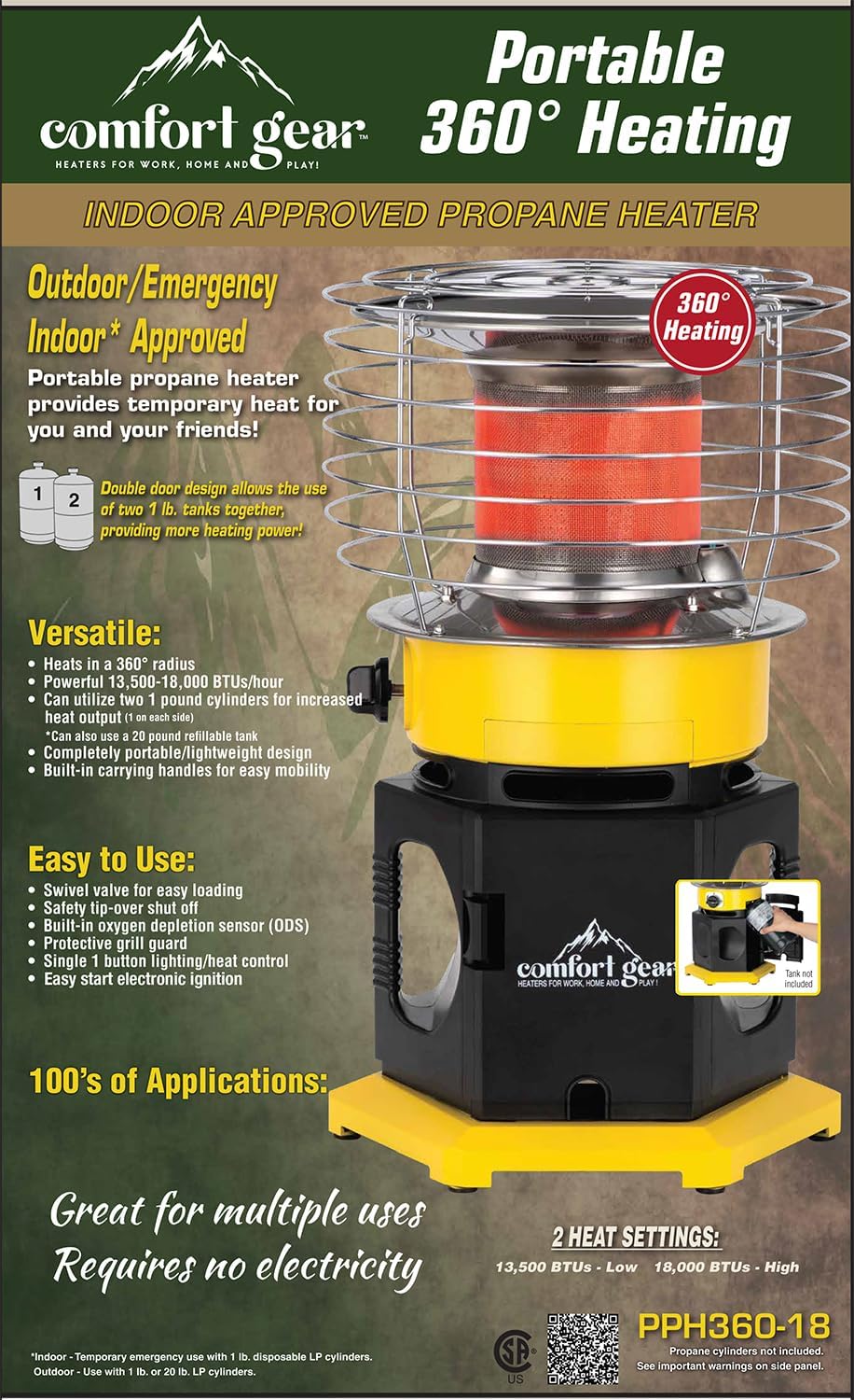 Comfort Gear 360 Degree Propane Space Heater 13500-18000 BTU Yellow Black