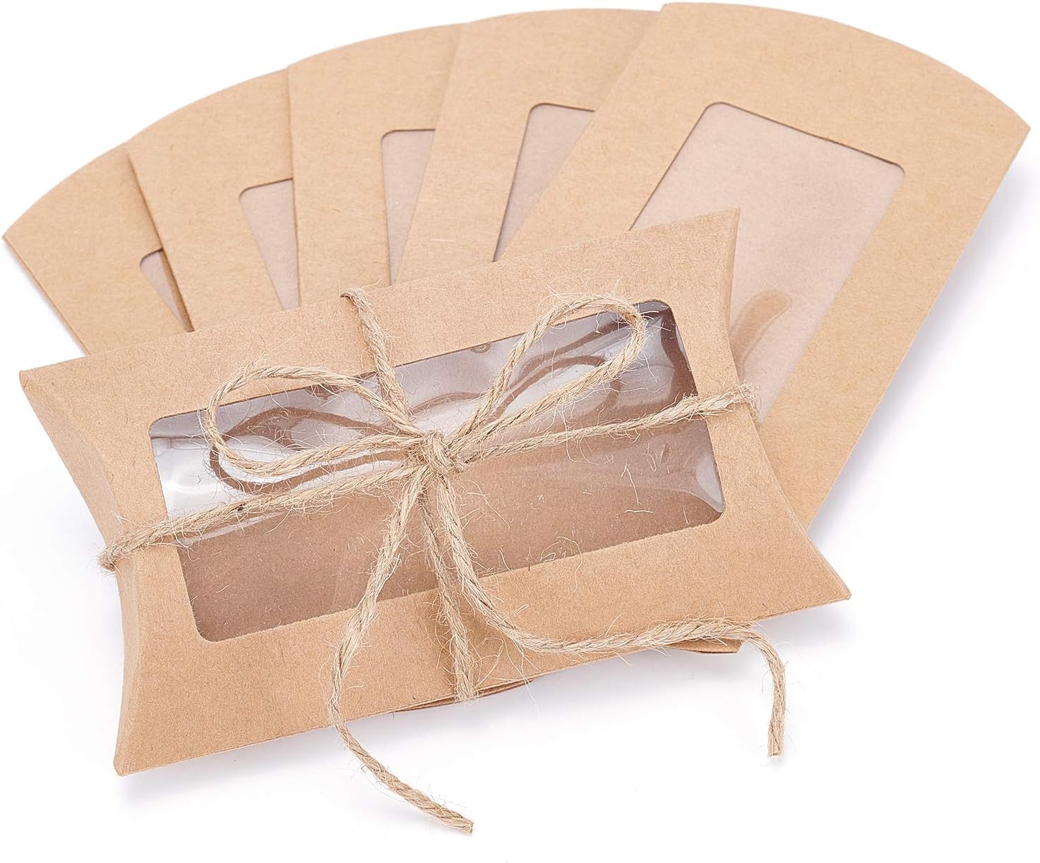 BENECREAT 30pcs Brown Kraft Paper Pillow Boxes with Clear Window