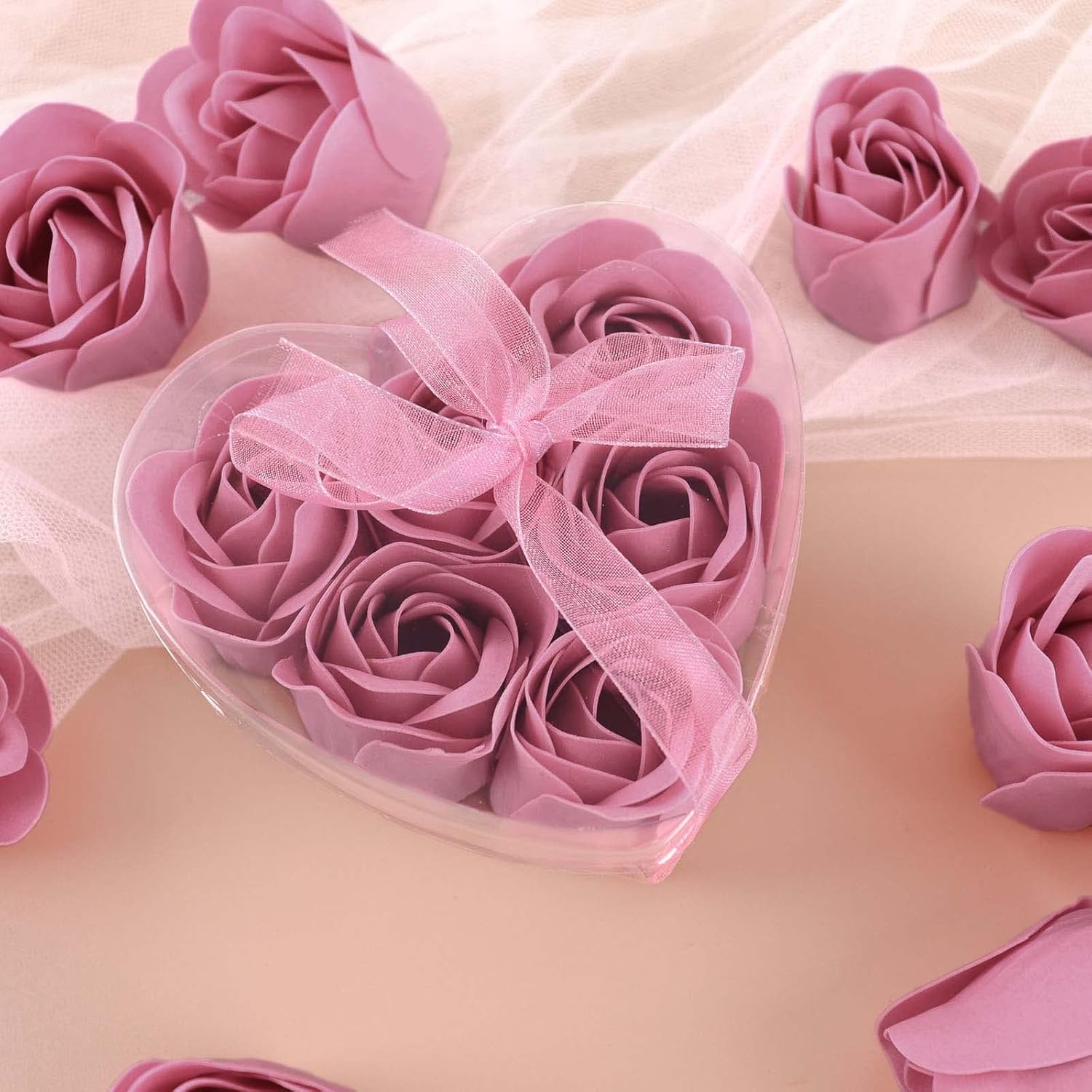 4 Pack Dusty Rose Scented Soap Roses with Gift Boxes and Ribbons