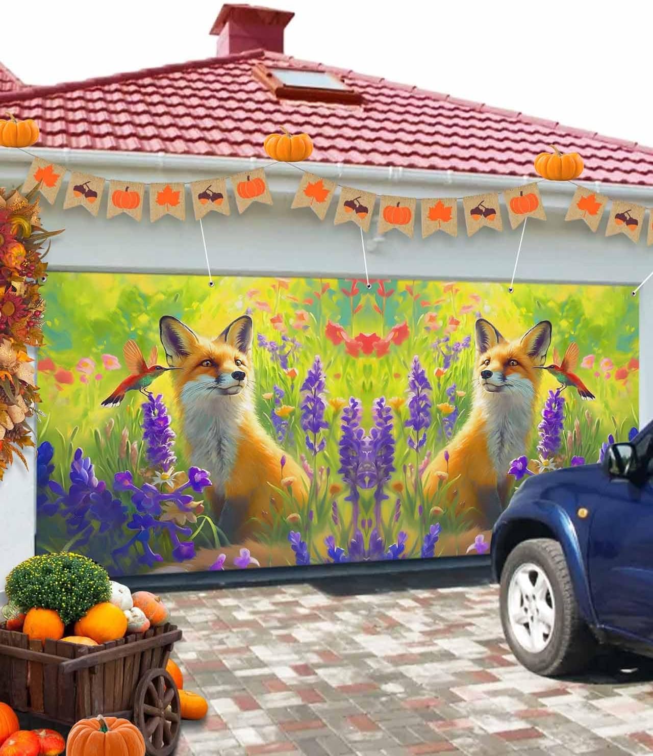 Singingin Fall Garage Door Banner 7x8 ft Fox Hummingbird Lavender Flowers