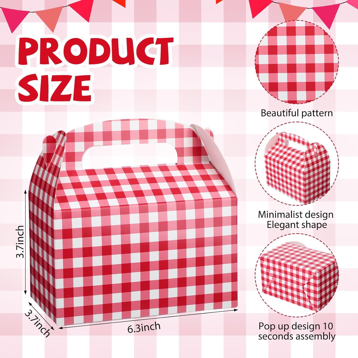 Marspark 24 Pcs Gingham Treat Boxes with Handles