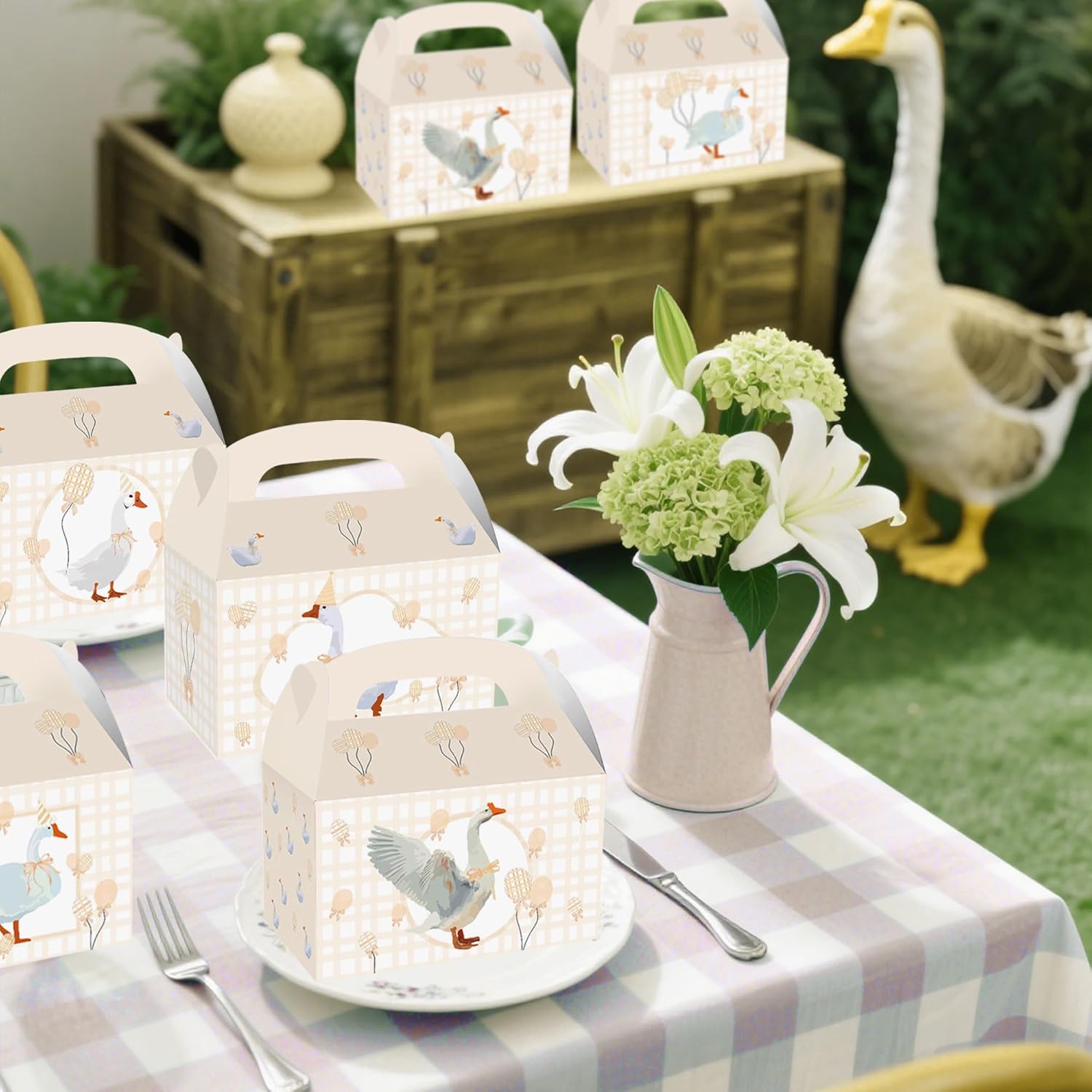 Silly Goose Themed 12 Piece Beige Gingham Party Boxes