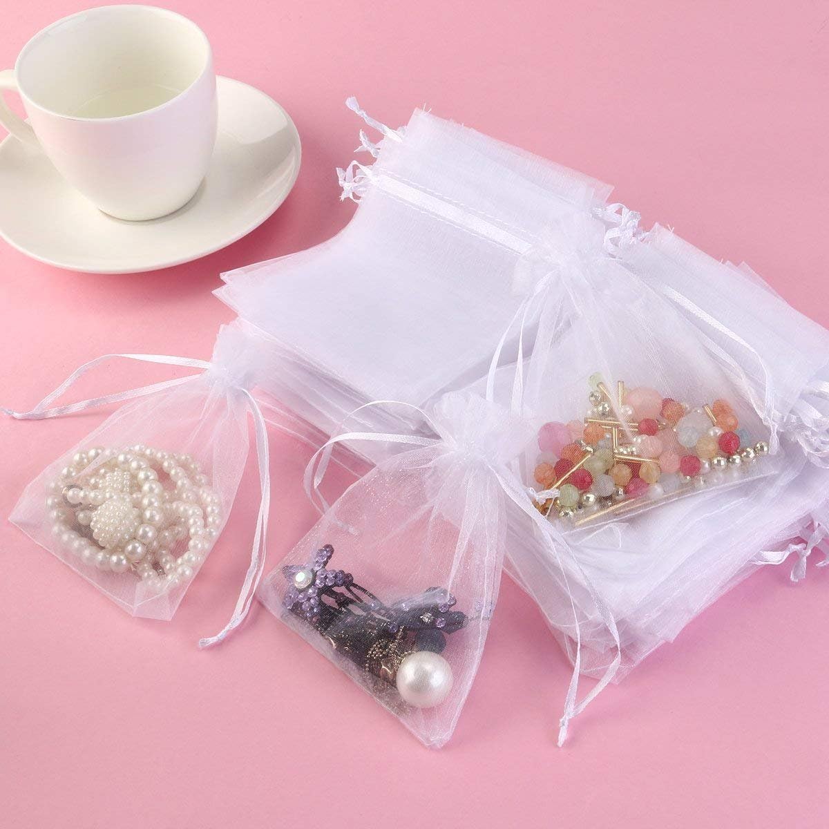 100pcs White Drawstring Organza Gift Bags for Wedding Party Favor