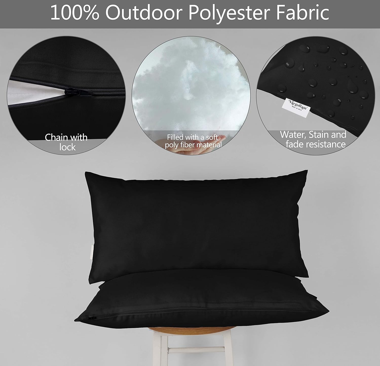 Vargottam Indoor Outdoor Polyester Lumbar Pillow Set of 2 Black