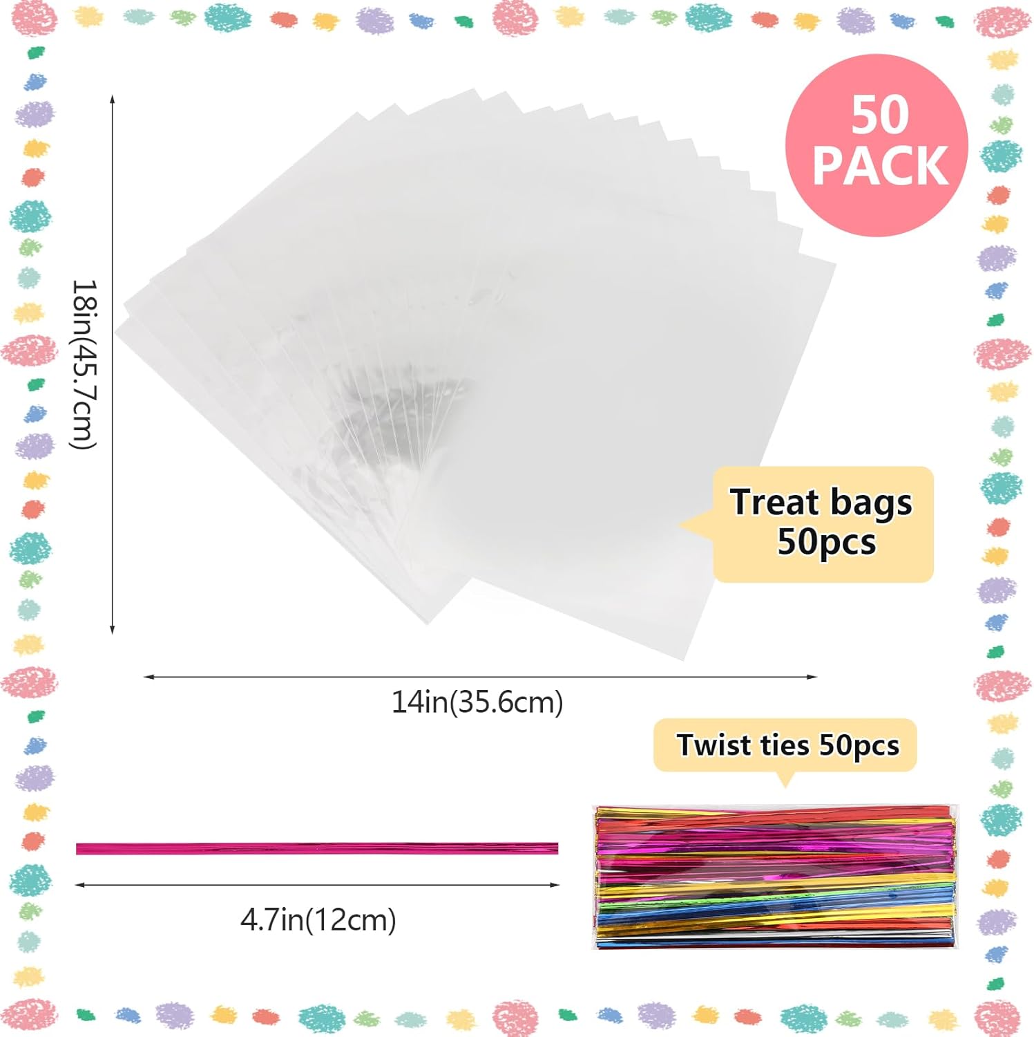 SOMIOCO Clear Cellophane Bags 14x18 50 Cnts with Twist Ties