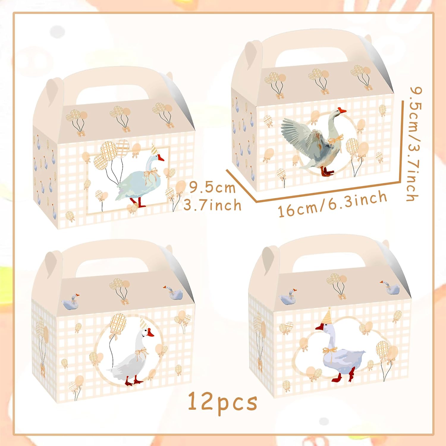 Silly Goose Themed 12 Piece Beige Gingham Party Boxes