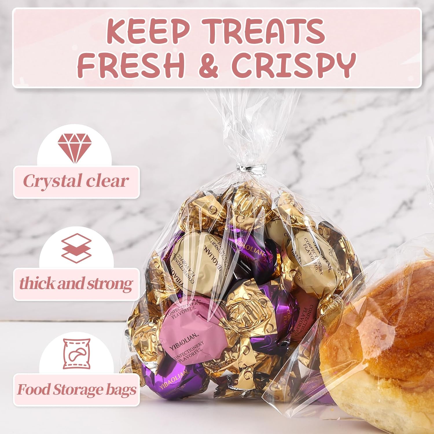 SOMIOCO Clear Cellophane Bags 14x18 50 Cnts with Twist Ties