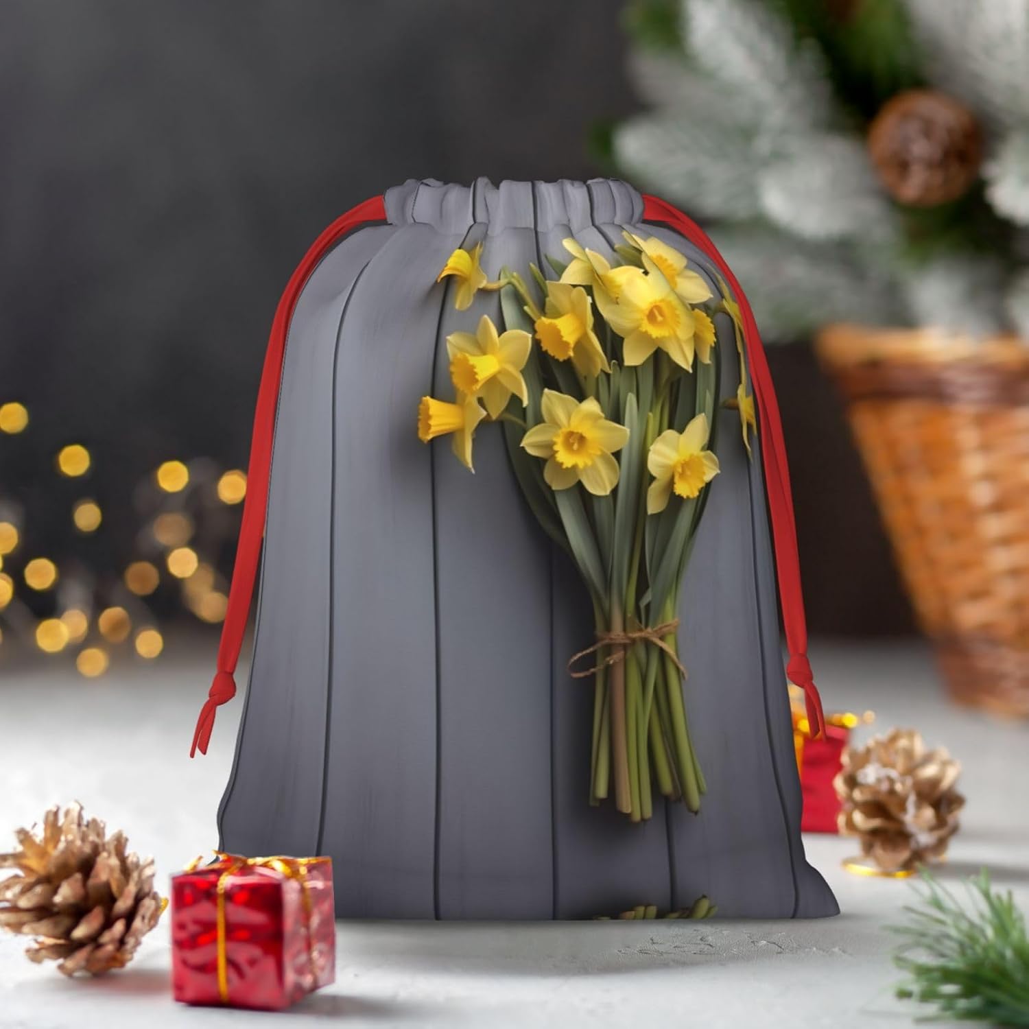 TONAUA Daffodils Print Drawstring Gift Bag