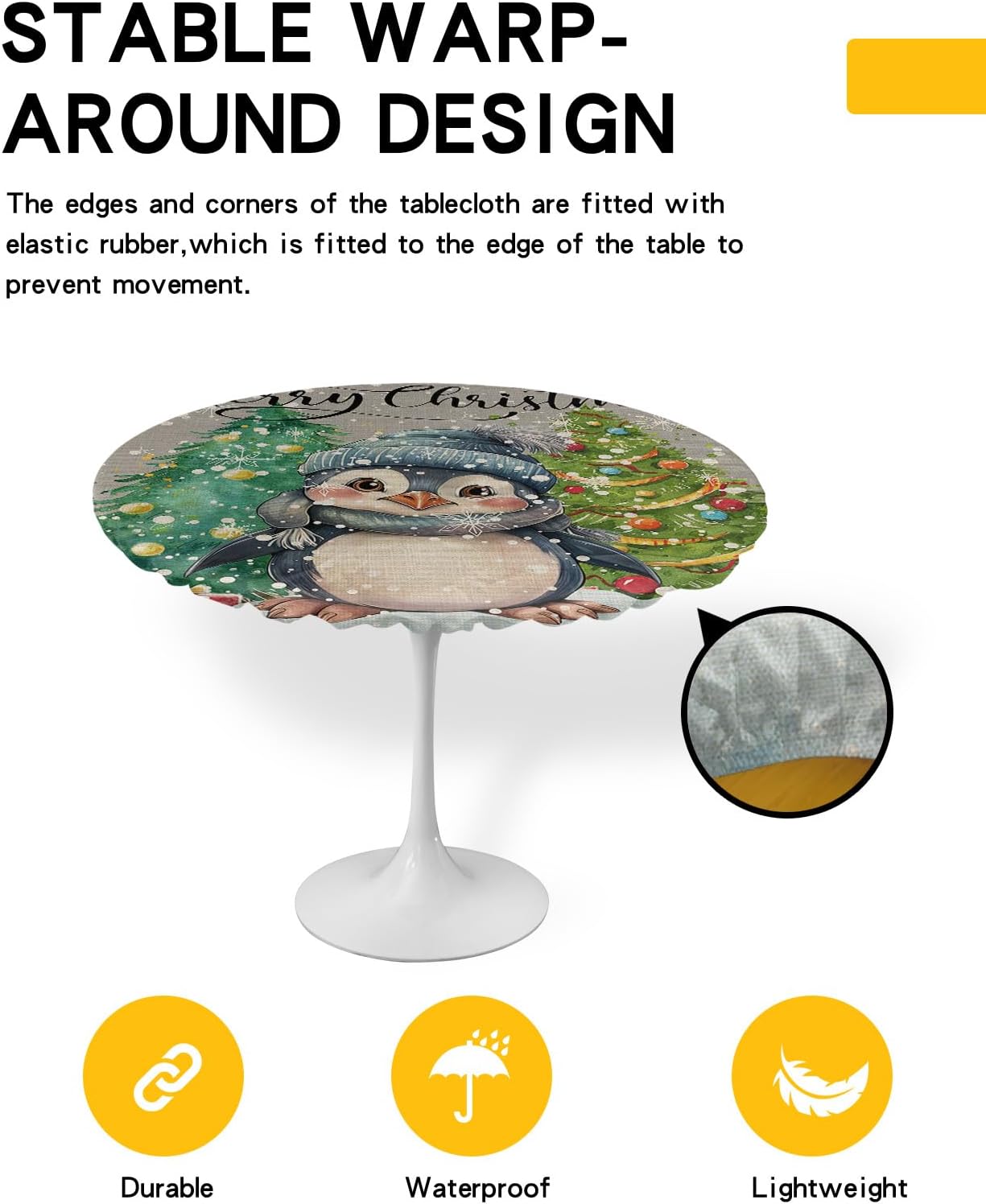 Christmas Penguin Round Waterproof Table Cover Fitted Tablecloth