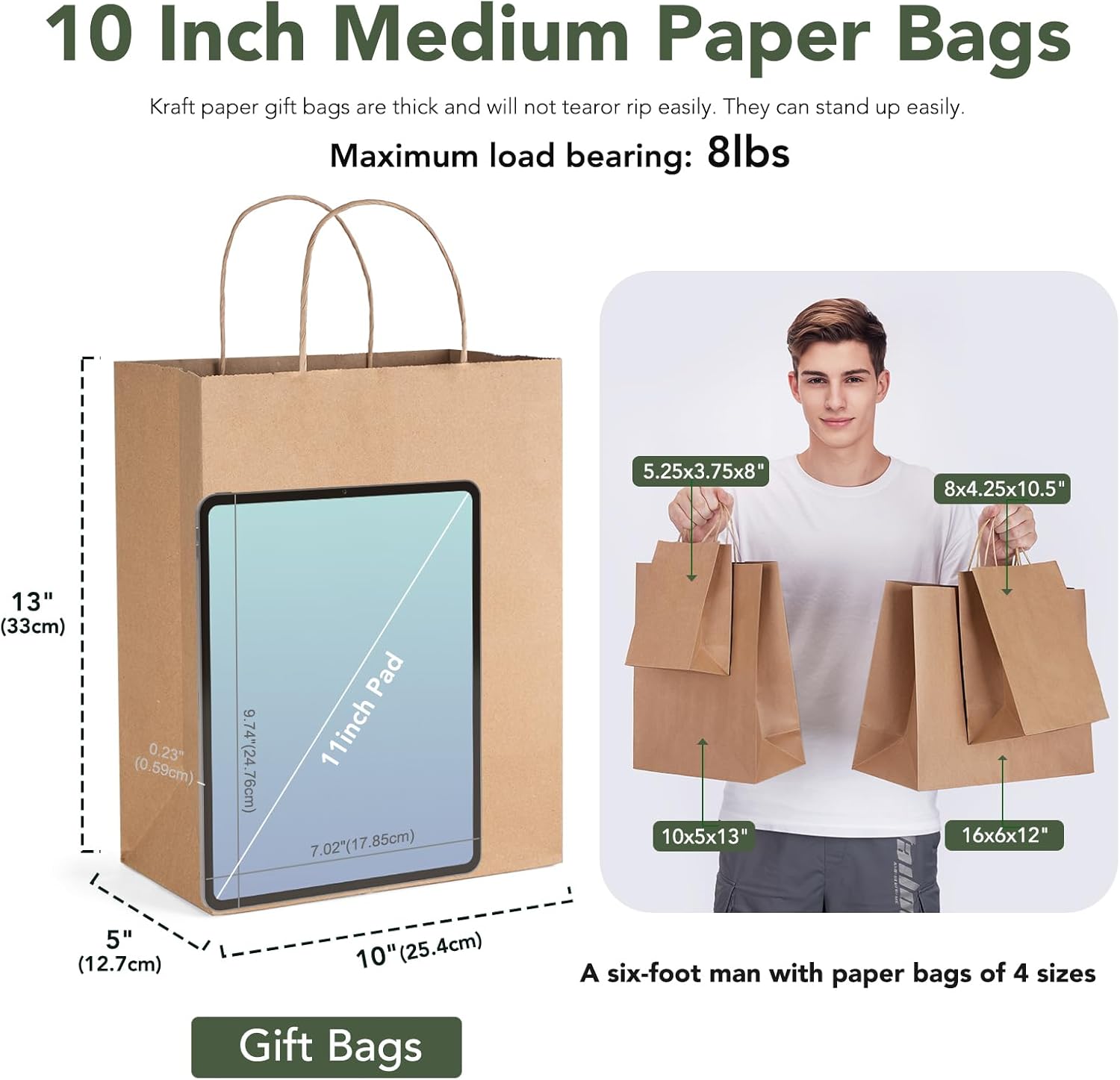 GSSUSA 10x5x13 Brown Paper Bags with Handles 100Pcs