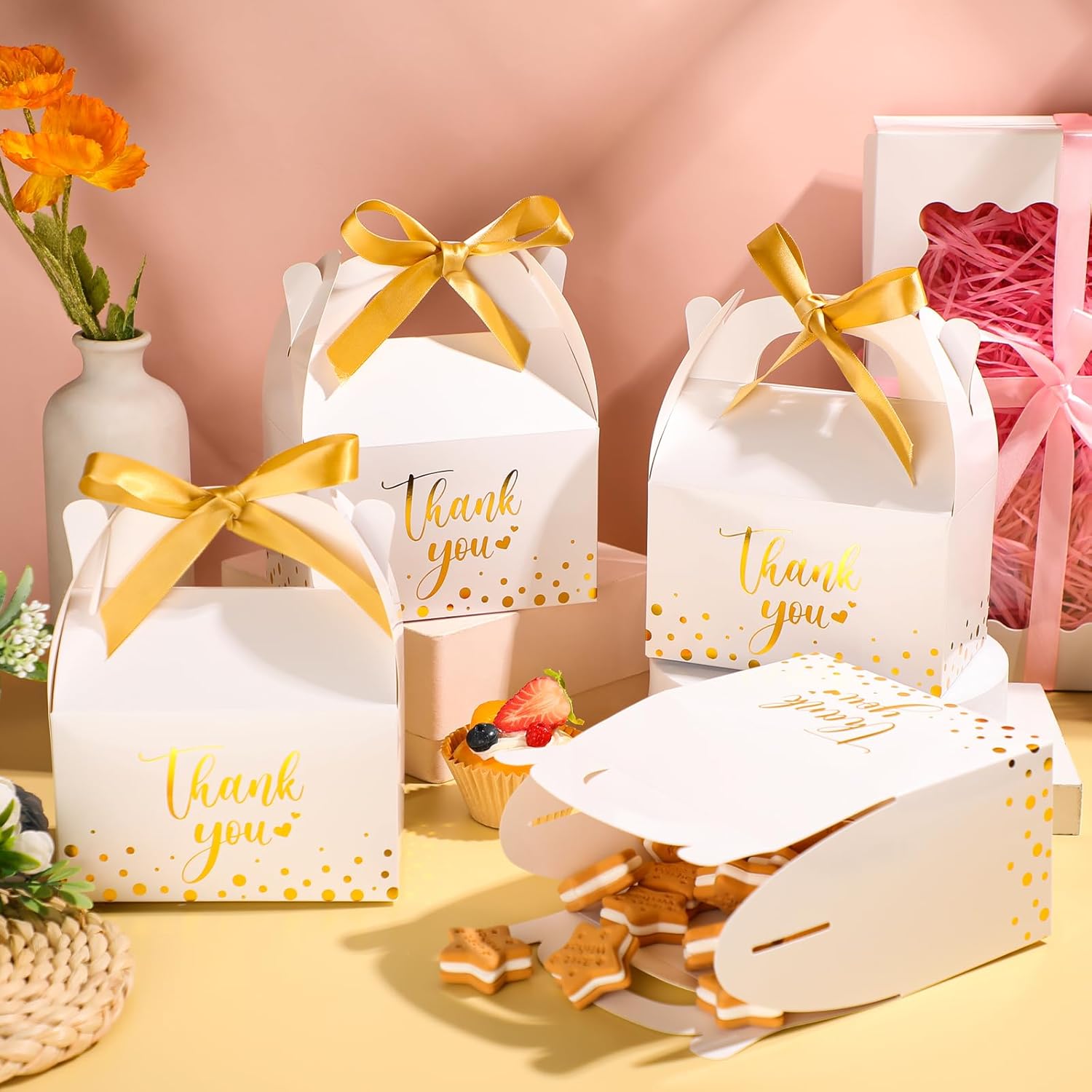 Engrowtic 50 Pcs Gold Foil Thank You Gift Boxes with Handles