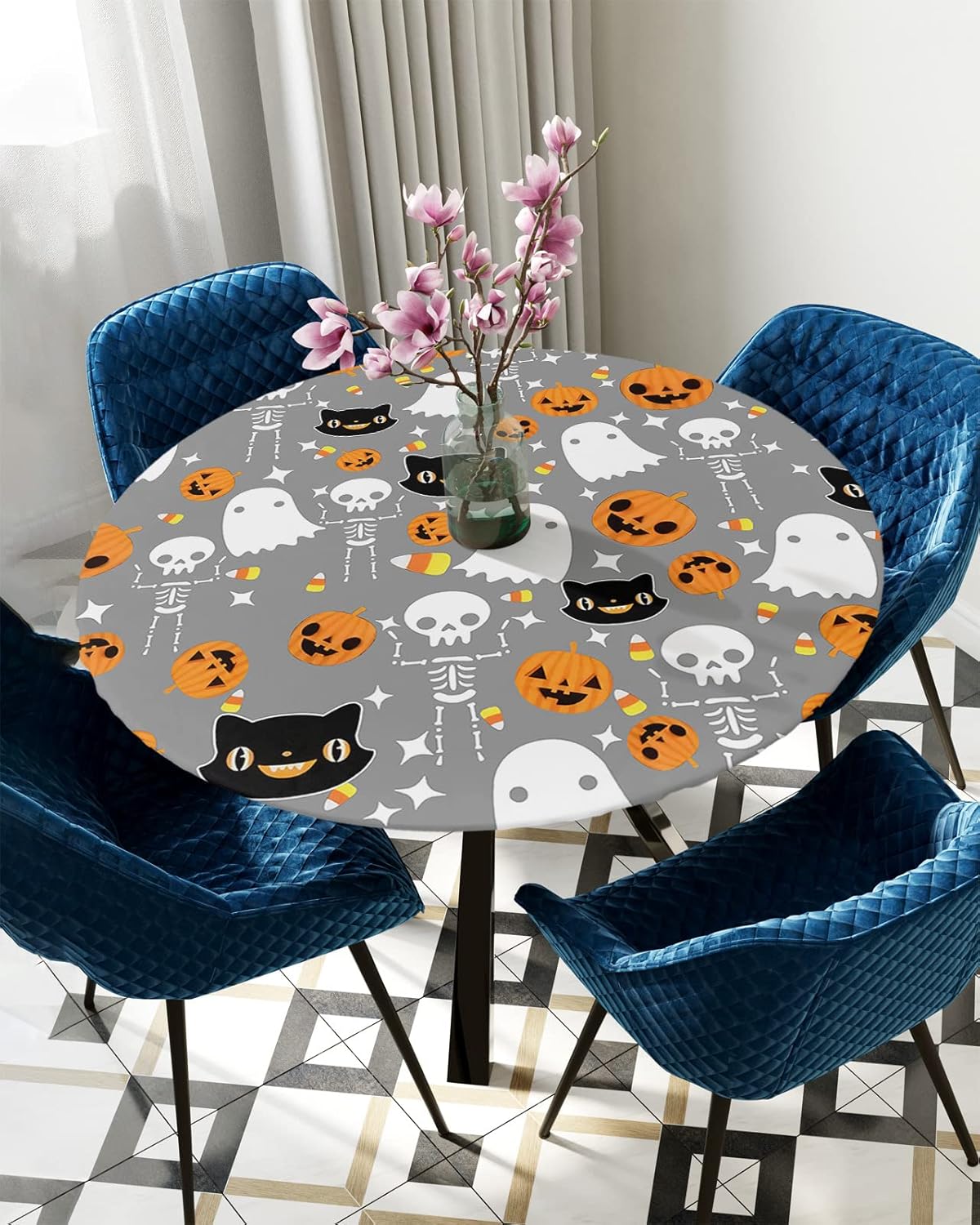 Halloween Grey Round Waterproof Table Cover Fitted Tablecloth
