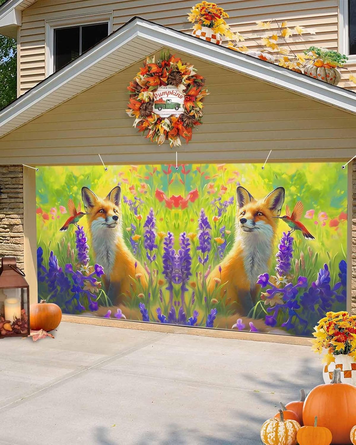 Singingin Fall Garage Door Banner 7x8 ft Fox Hummingbird Lavender Flowers