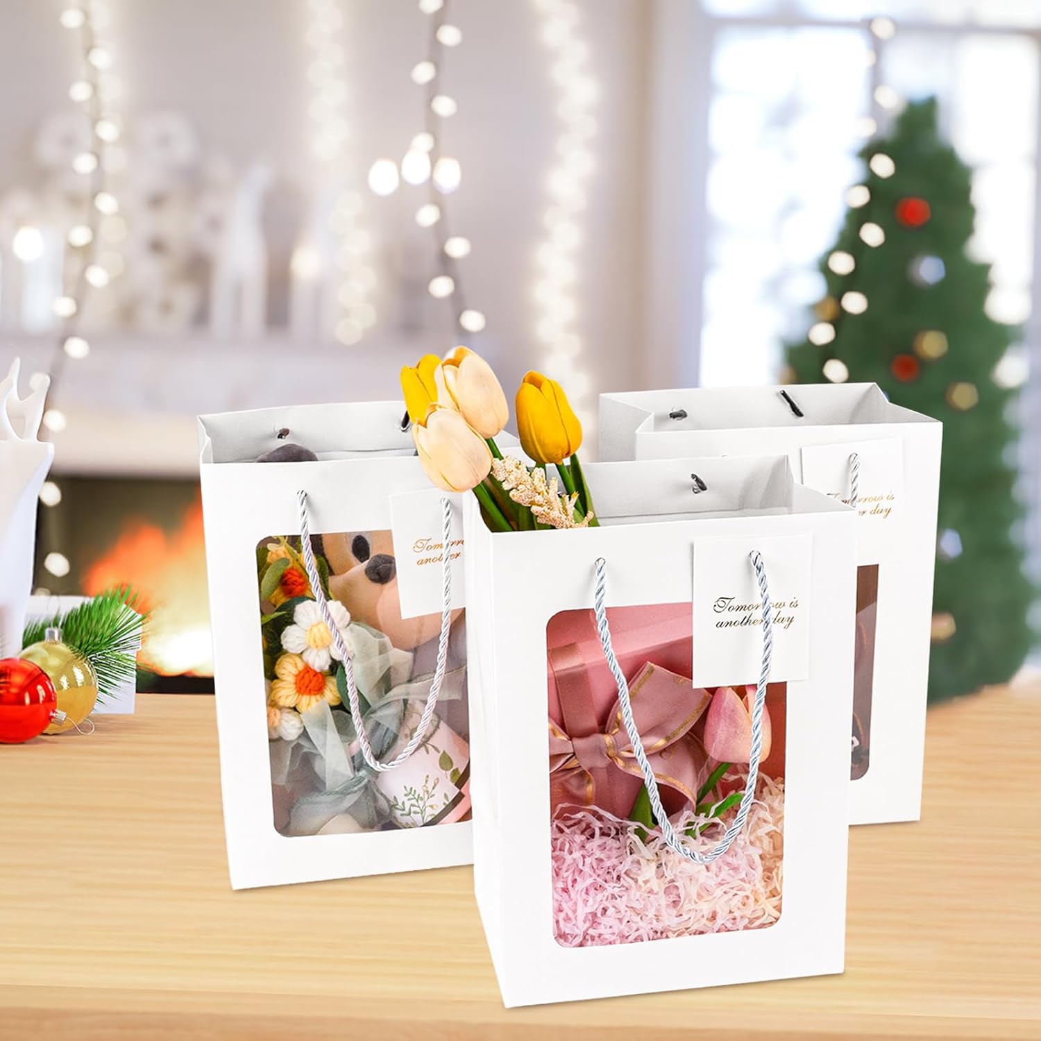 30 PCS White Gift Bags with Clear Window and Handles